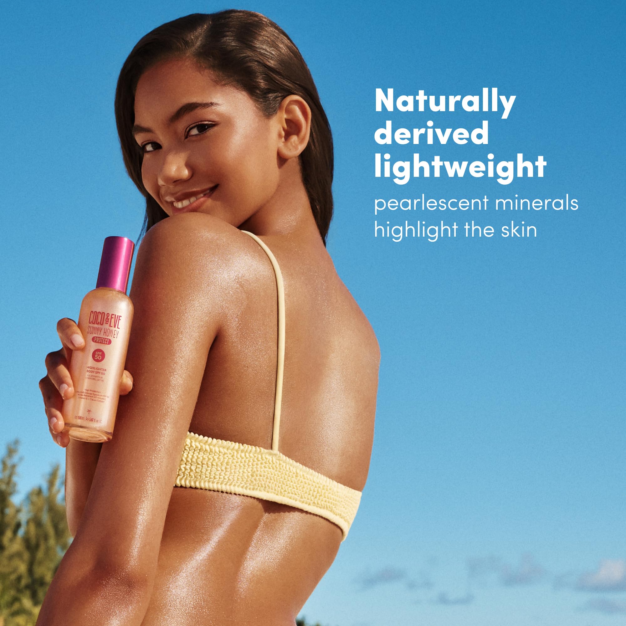 Coco & Eve Body Highlighter SPF 50 – Shimmer Sunscreen, Broad Spectrum Sun Protection, Lightweight Serum-Like Lotion with Pearlescent Minerals & Vitamin E for Hydrated & Glowing Skin, 5.07 Fl Oz