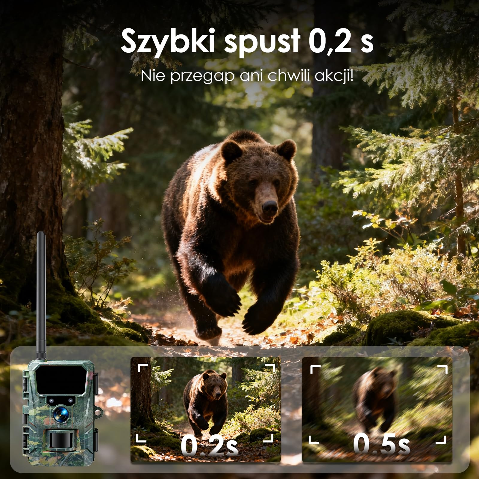 WOLFANG Komórkowa kamera przyrodnicza 4G LTE, połącz ogólnokrajową kamerę 4G LTE, 2K 36 MP z kontrolą aplikacji, super noktowizor, wyświetlacz TFT 2,0 cala, wyzwalacz 0,2 s, aktywowany ruchem