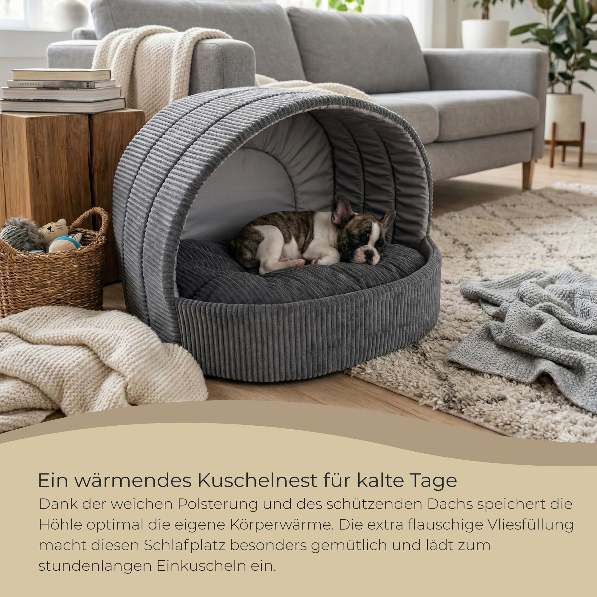 Hundehöhle und Katzenhöhle 63 x 53 cm - Weiches Hundebett und Katzenbett mit Cord-Struktur - Kuscheliger Rückzugsort für kleine Hunde, Welpen und Katzen - Braun