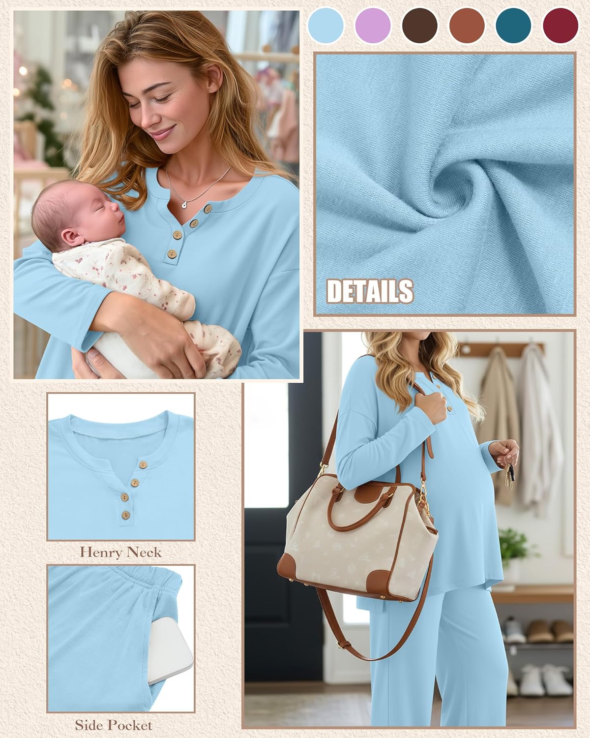 Women's Maternity Pajamas Sets, Long Sleeve Pregnancy Postpartum Delivery Lounge Nursing Pjs with Pockets Pjs - Image 4