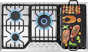 36 inch Gas Cooktop with Grill/Griddle, Gas Stove Top with 5 Italy Sabaf Sealed Burners, Max 48,300 BTU Built-in Gas Stove, 304 Stainless Steel Propane Cooktop, NG/LPG Convertible, CSA Certified