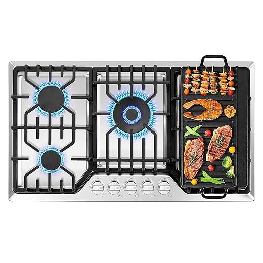 36 inch Gas Cooktop with Grill/Griddle, Gas Stove Top with 5 Italy Sabaf Sealed Burners, Max 48,300 BTU Built-in Gas Stove, 304 Stainless Steel Propane Cooktop, NG/LPG Convertible, CSA Certified