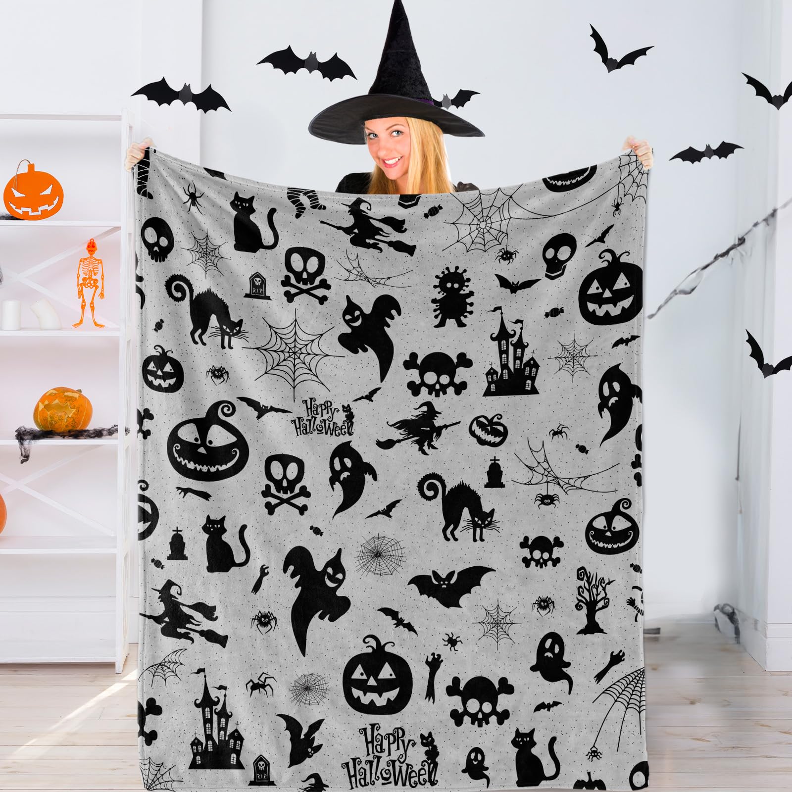 Halloween Blanket, Lightweight Halloween Themed Throw Blanket, Ghost Spider Pumpkin Fleece Blanket, Spooky Halloween Blanket Gothic Tthrow Blanket for Couch Sofa Home Decorations 125x150cm