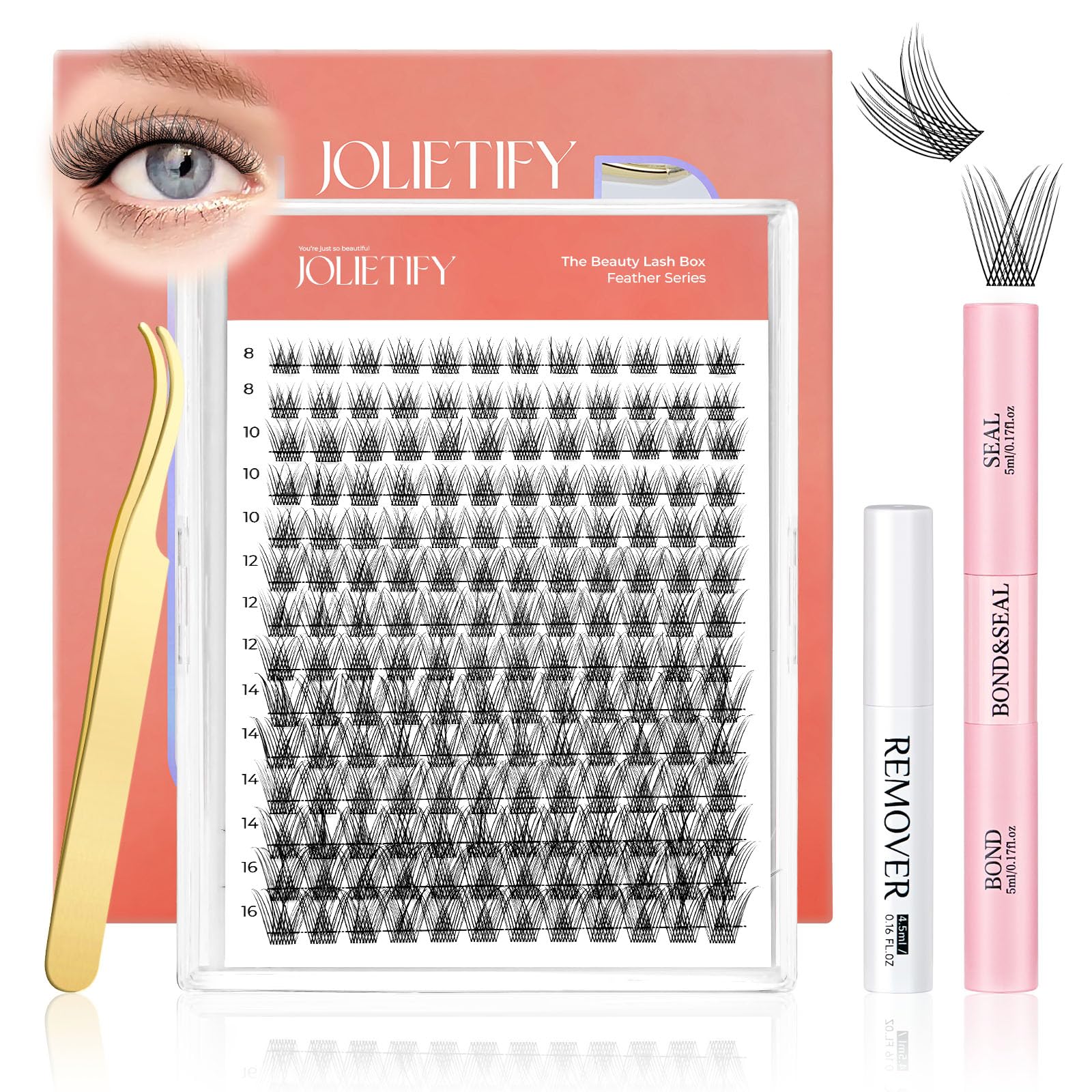 JOLIETIFY Lash Extension Kit, Natural Look, Wispy Soft & Fluffy, Faux Mink 8-16mm DIY Cluster Lashes, Reusable Individual Lashes with Waterproof Bond