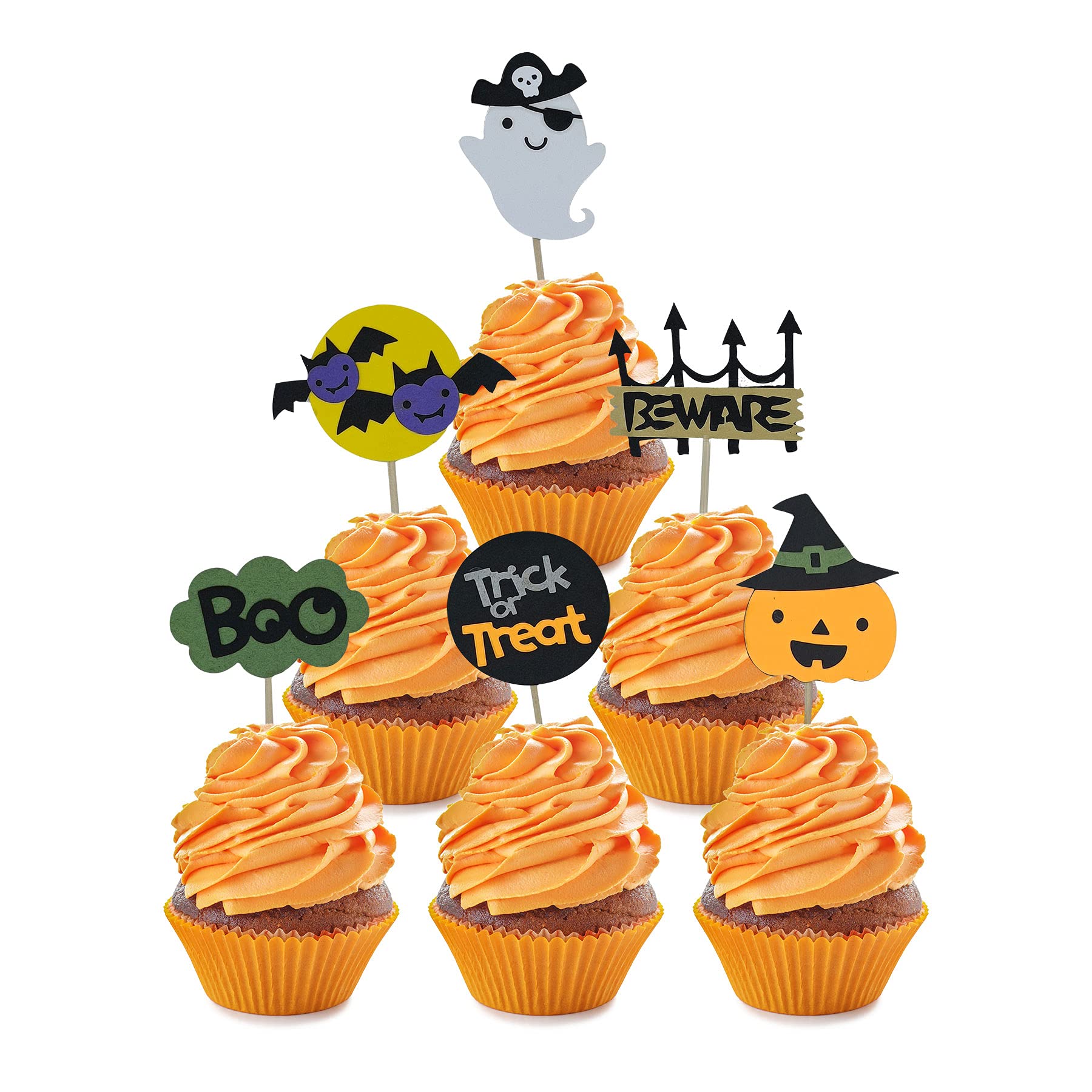 Confetti! 12 Pack Halloween Cupcake Toppers Trick or Treat Pumpkin Hat Ghost Beware Bats Boo Cupcake Picks Baby Shower Birthday Halloween Themed Party Cake Decorations Supplies