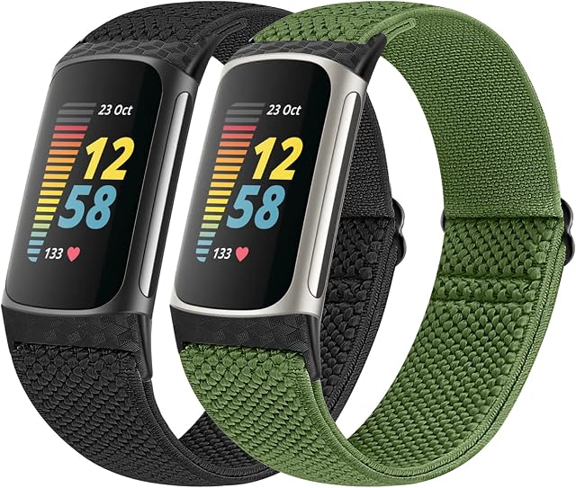 Vodtian Elastic Straps Only Compatible with Fitbit Charge 5 Strap, 2 Pack Stretchy Adjustable Nylon Loop Braided Replacement Sport Wristband for Charge 5 Activity Tracker Women Men
