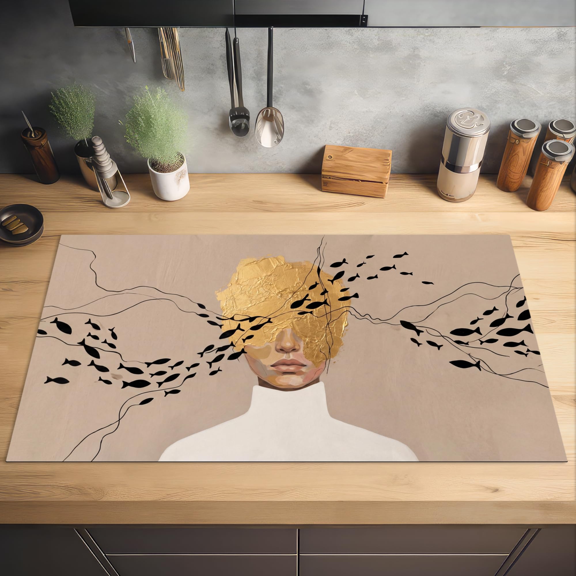 "KitchenYeah© Protezione Piano Induzione 91x52 cm Cucina Copri Fornelli Proteggi di Cottura Antiscivolo Tappetino Donna - Oro"