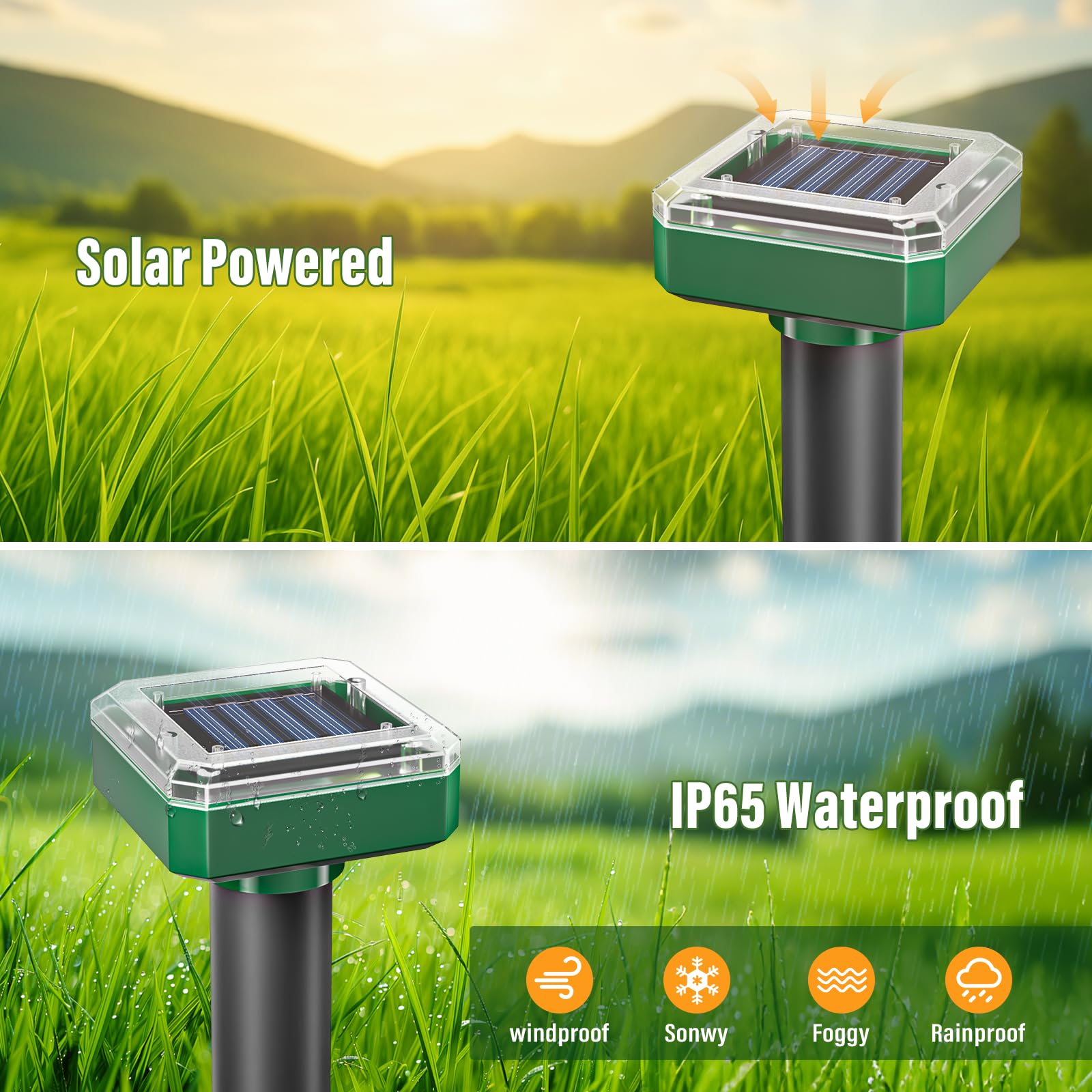 Repelente de topos alimentado por energía solar, 10 paquetes de repelente ultrasónico para exteriores, repelente impermeable para césped y jardín, disuasorio humano para topos, marmotas, ardillas y