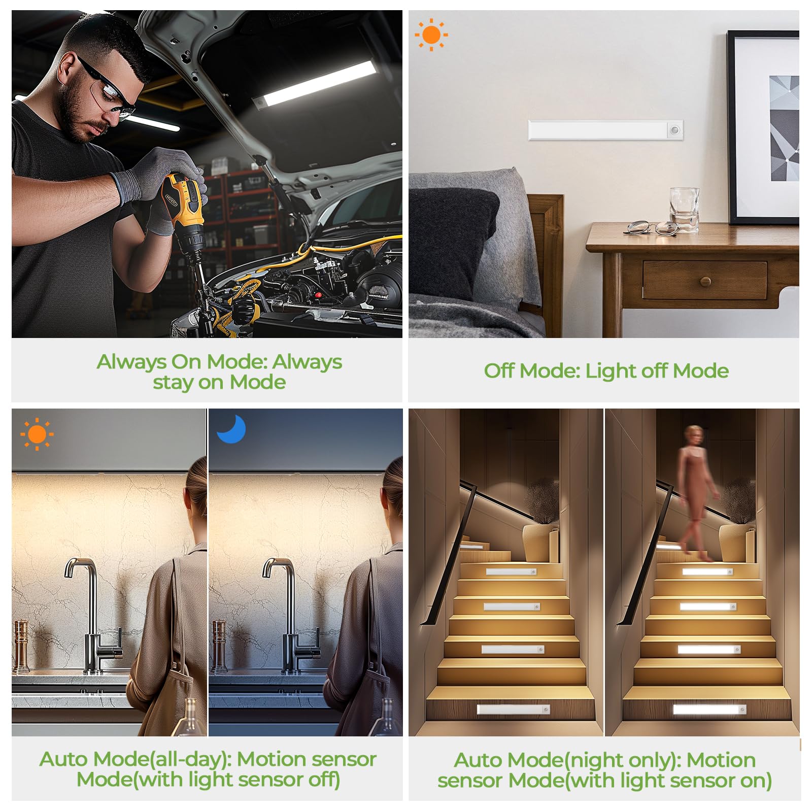 Unterschrankleuchten, 30,5 cm, 90 LEDs, USB-C 2500 mAh, wiederaufladbarer Akku, 3 Farbtemperaturen, dimmbar, Bewegungsmelder, kabellos, für Kleiderschrank, Küche, Treppen (2 Stück, 3 CCT)