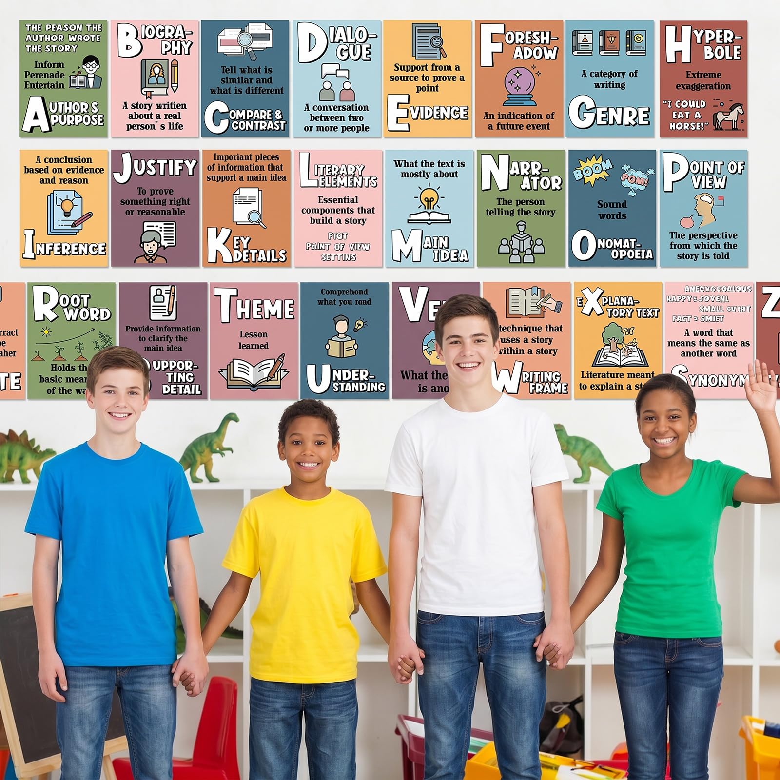 Lot de 26 affiches de l'alphabet ELA pour salle de classe - Poster d'écriture pour salle de classe, stratégie de lecture, tableau d'affichage pour la rentrée scolaire, la maternelle, le primaire, la