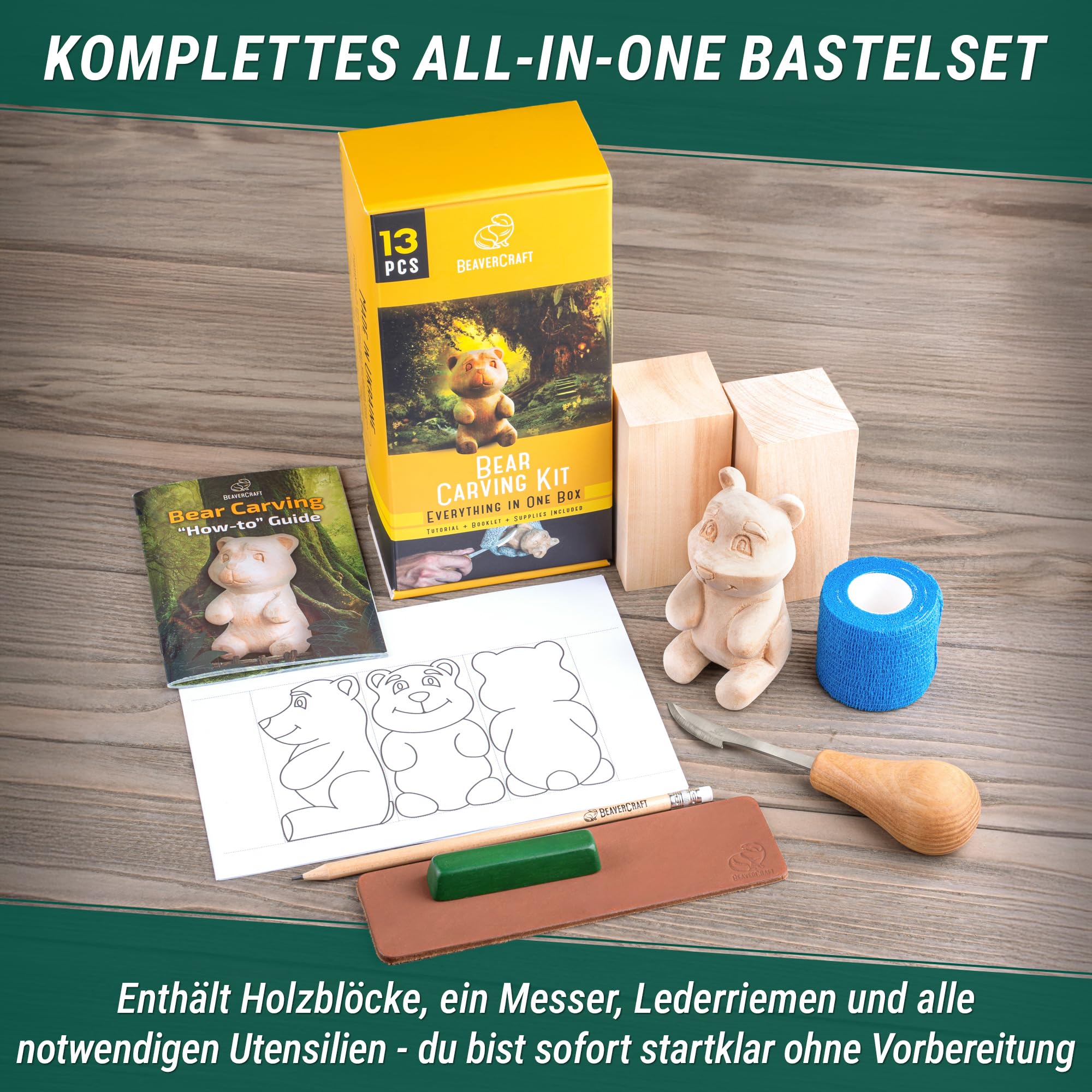 BeaverCraft Holzschnitzset für Anfänger DIY 05 Schnitzmesser Set Bärenschnitzset - Messer für Holzschnitzen und Schnitzrohling - Holzschnitzwerkzeug Set für Kinder und Erwachsene - Schnitzprojekt