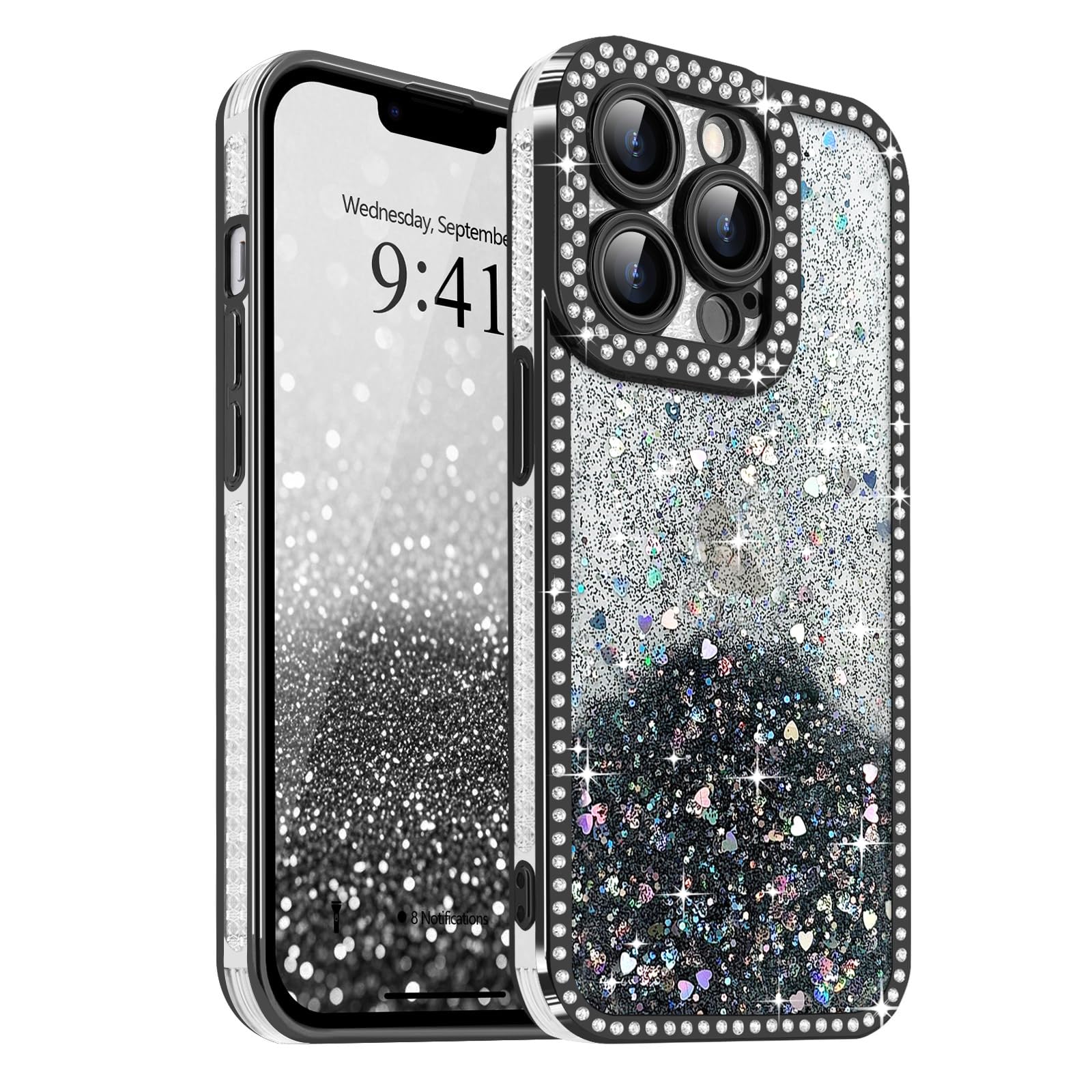 for iPhone 13 Pro Case Glitter, Bling Sparkle Heart Pattern Sequin Luxury Crystal Shiny Diamond Rhinestones Cover for Women Girls, Soft TPU Shockproof