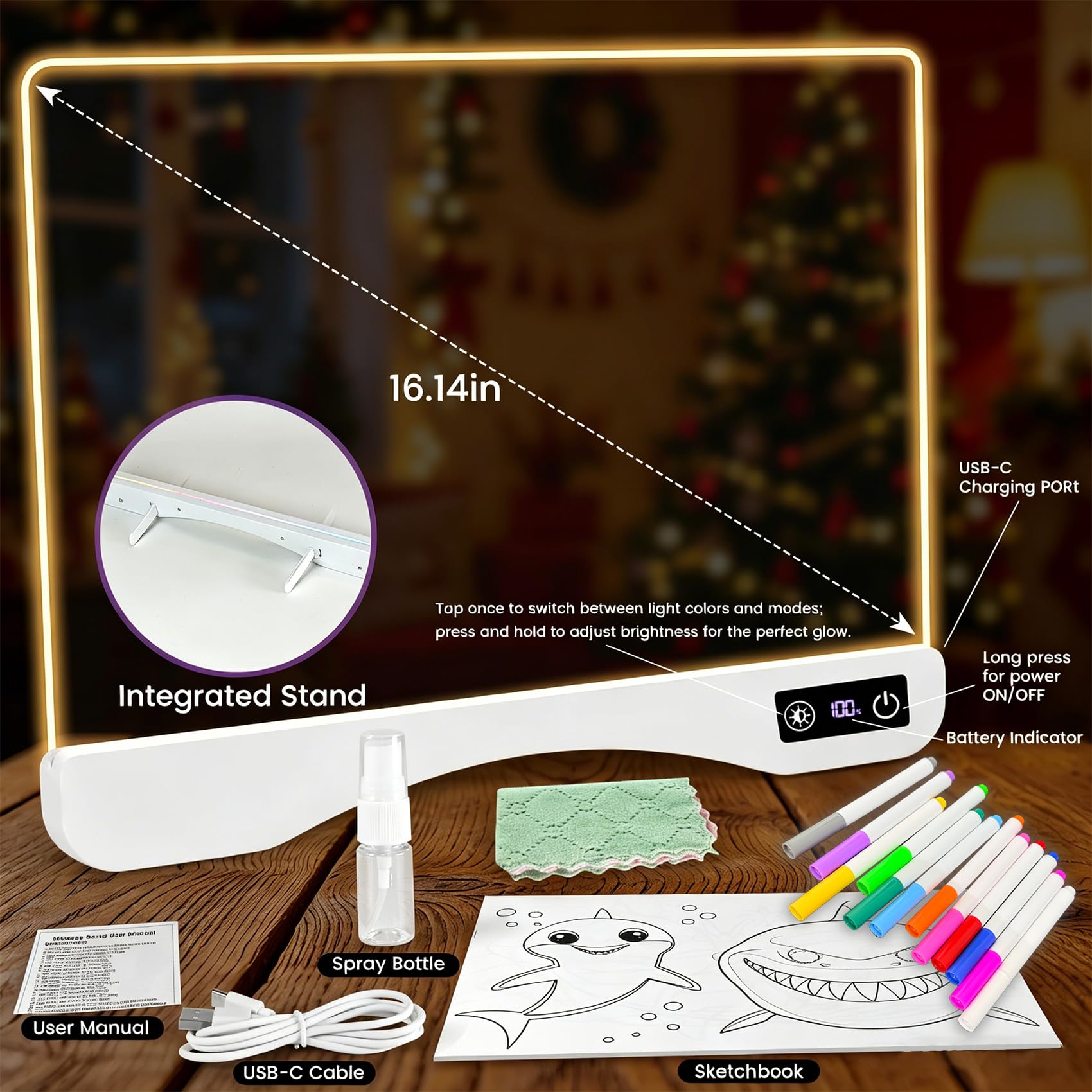 Tavola da disegno a LED con penna a 12 colori, 305x 25cm, lampada da disegno a LED per bambini, in acrilico cancellabile a secco, per appunti, scarabocchiare, da scrivania, regalo per bambini, scuola