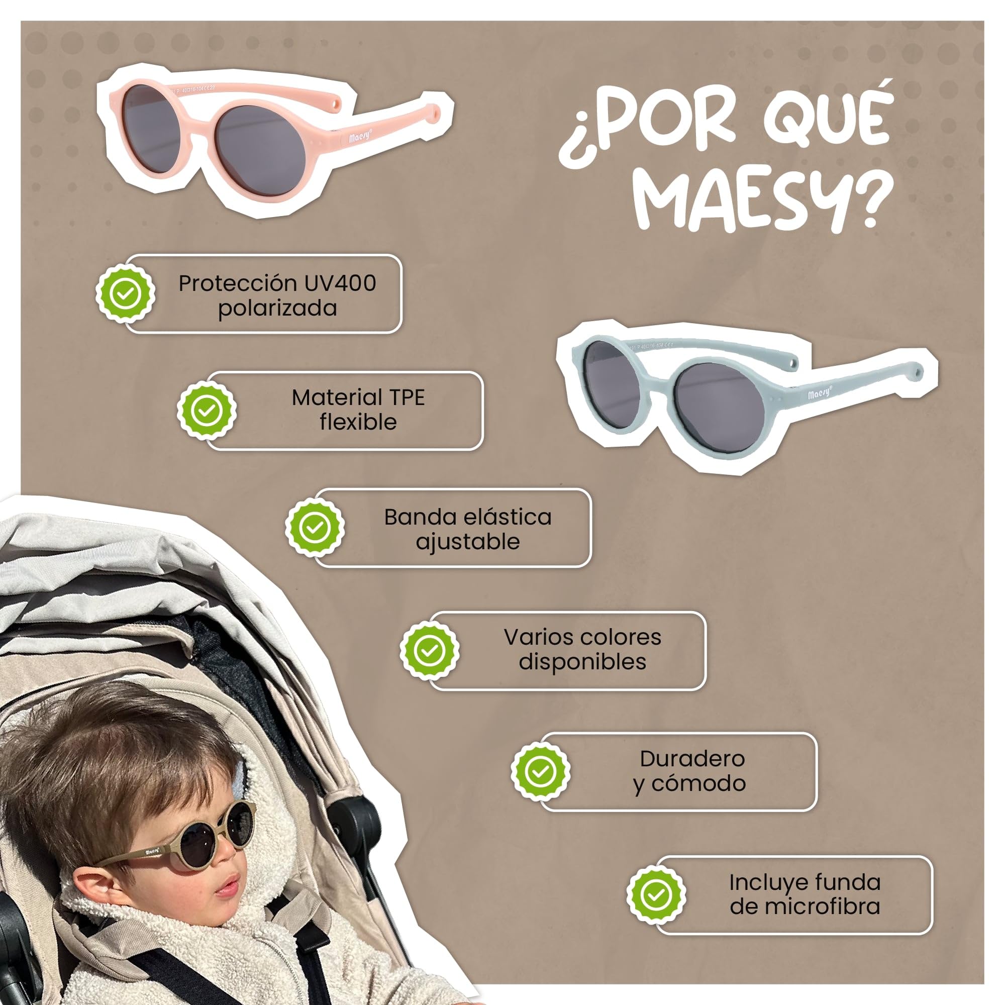 Gafas de Sol para Bebé, 0-2 Años, Protección Polarizada UV400, Montura Flexible y Blanda, Cinta Elástica Ajustable, Gafas de Sol Seguras y Cómodas para Bebés, Noah