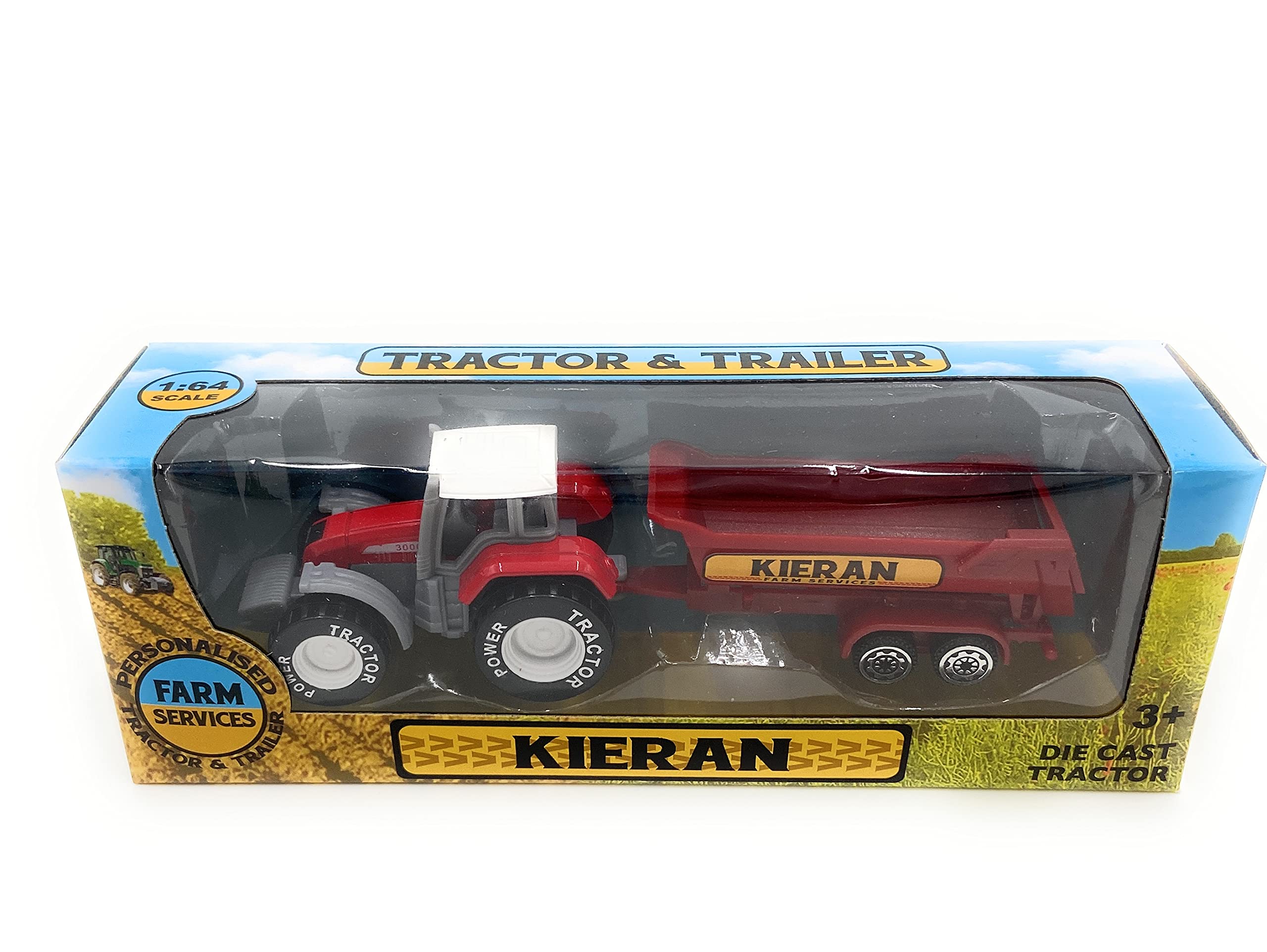 KIERAN Personalised Die Cast Tractor and Trailer Set - 1:64 scale - Birthday Christmas Entertainment Entertaining Gift Present Boy Gift Child Toddler