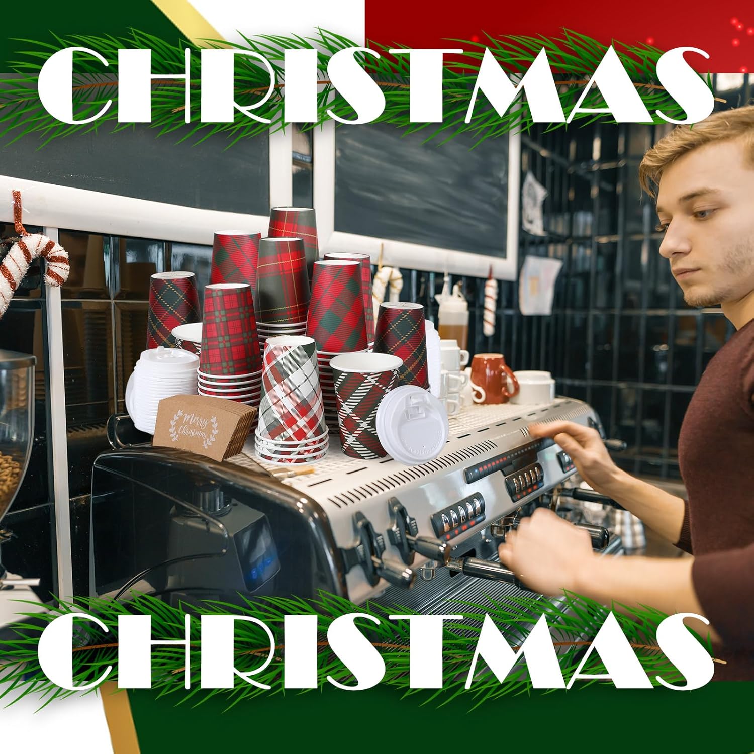 60 Sets Christmas Disposable Coffee Cups with Lids and Sleeves 12 oz Paper Coffee Cups Christmas Buffalo Plaid Coffee Cups for Hot Cold Drinks Tea Beverage Christmas Party Supplies, Red