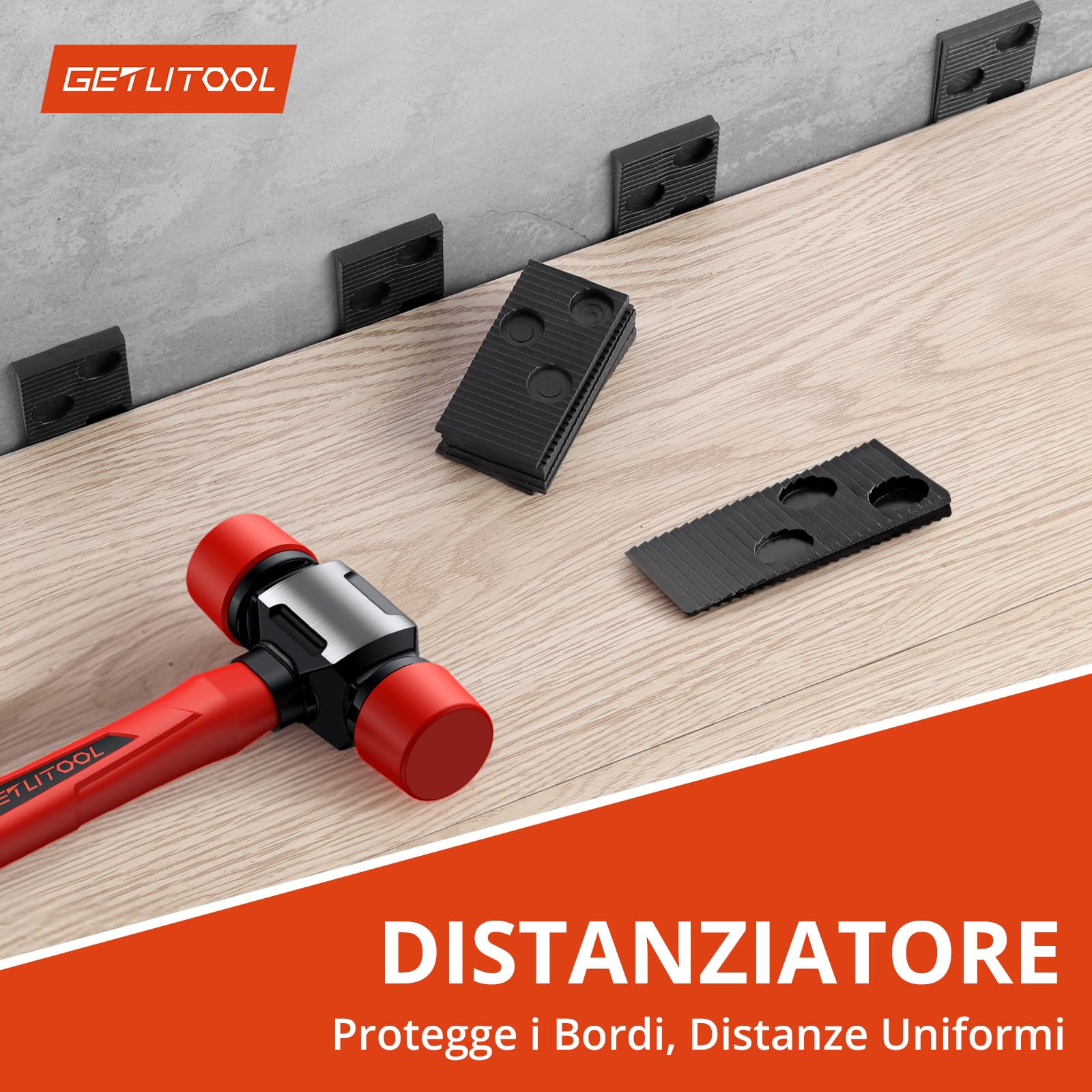 GETLITOOL Kit per Installazione Pavimento Laminato, 60 Distanziatori, Martello in Gomma, Blocco di Battitura con Manico, Barra di Trazione con Feltro, Metro Pieghevole - Strumenti Completi per Parquet