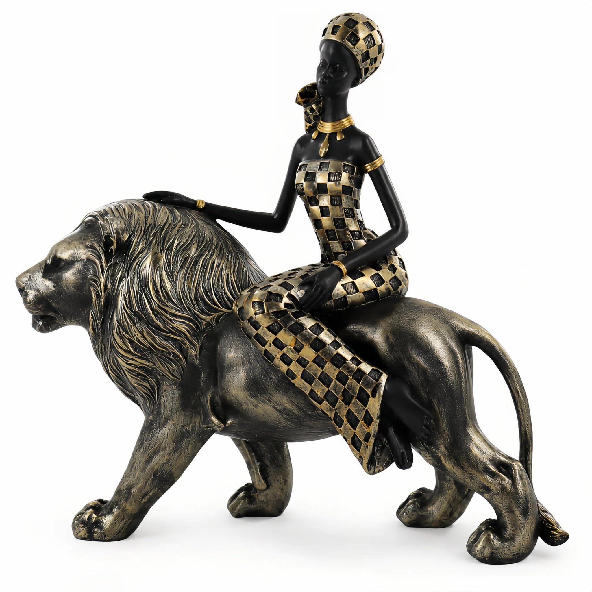 Lescafita African Woman Riding Lion Resin Statue