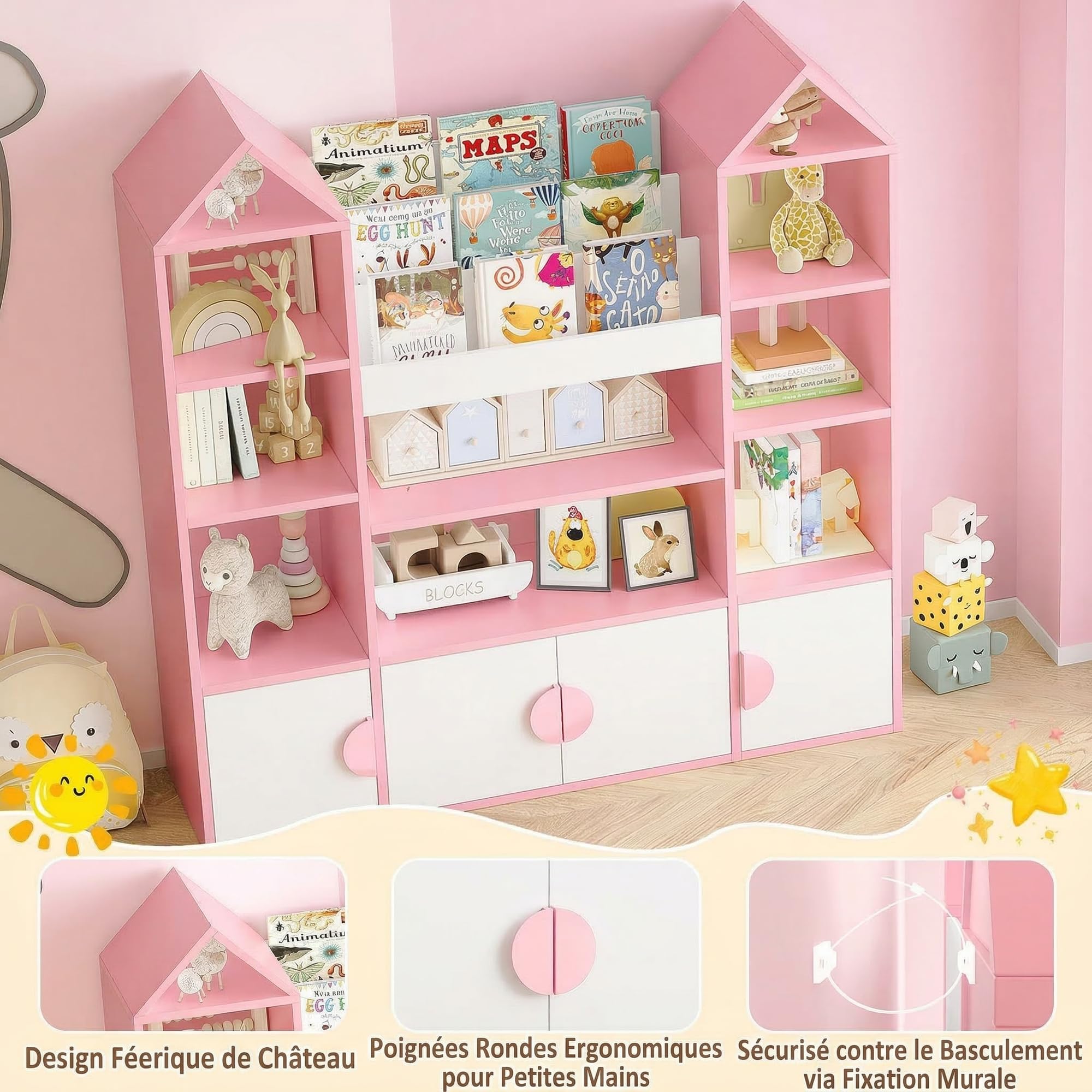 IRONCK Bibliothèque Enfant, Meuble Rangement Jouet, Meuble de Rangement Enfant, Étagère Ouverte à 4 Portes et 10 Étages, Design château, adapté d'enfant, Salon, Salle de Jeux 123.5x33x127cm (Rose)