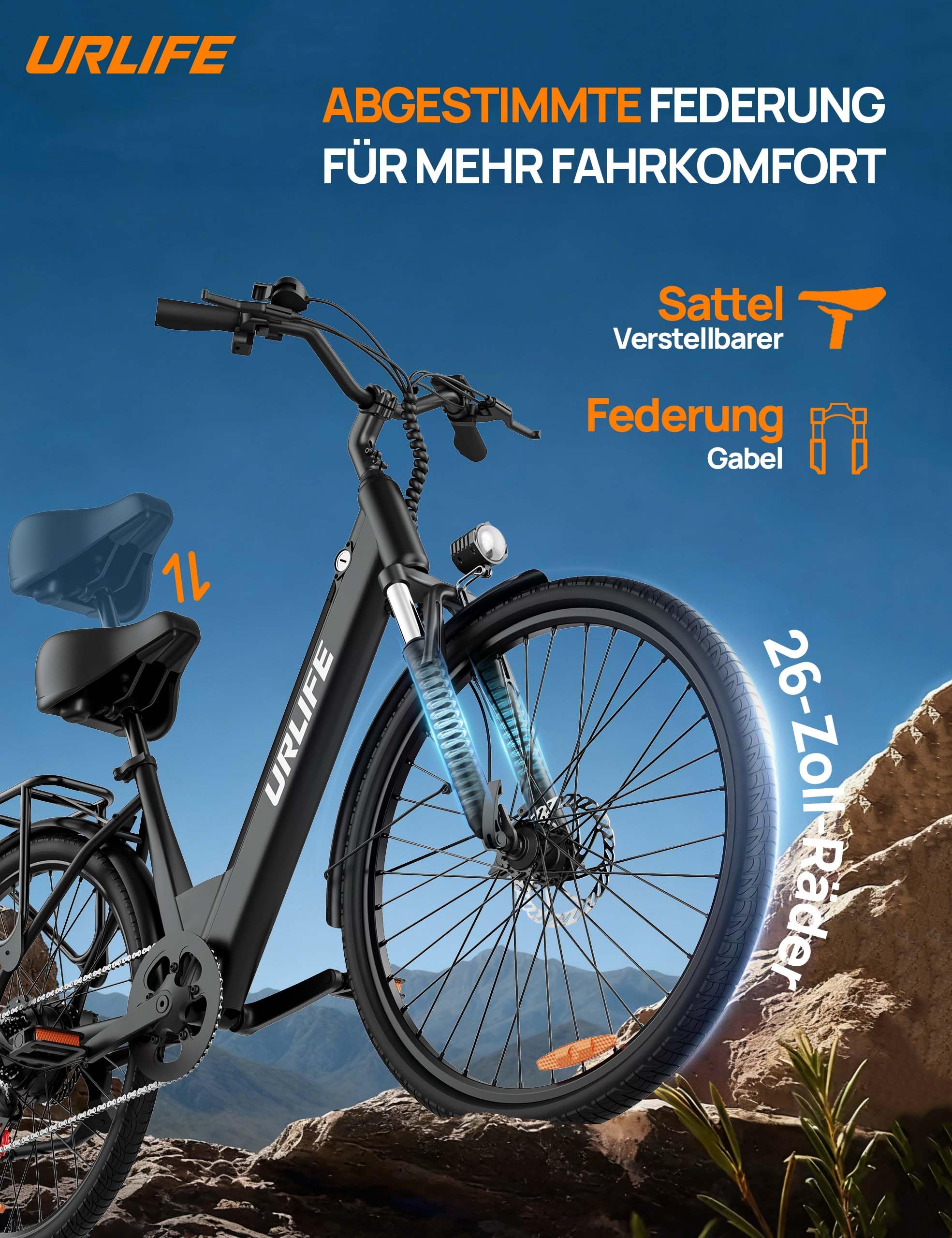 URLIFE E26 E-Bike für Erwachsene, 26" Elektro-Citybike, bis zu 80 km Reichweite, 250W Motor, 36V 13Ah herausnehmbarer Akku Elektrofahrrad, 7-Gang-Schaltung, Für Pendeln, Einkaufen und Freizeit