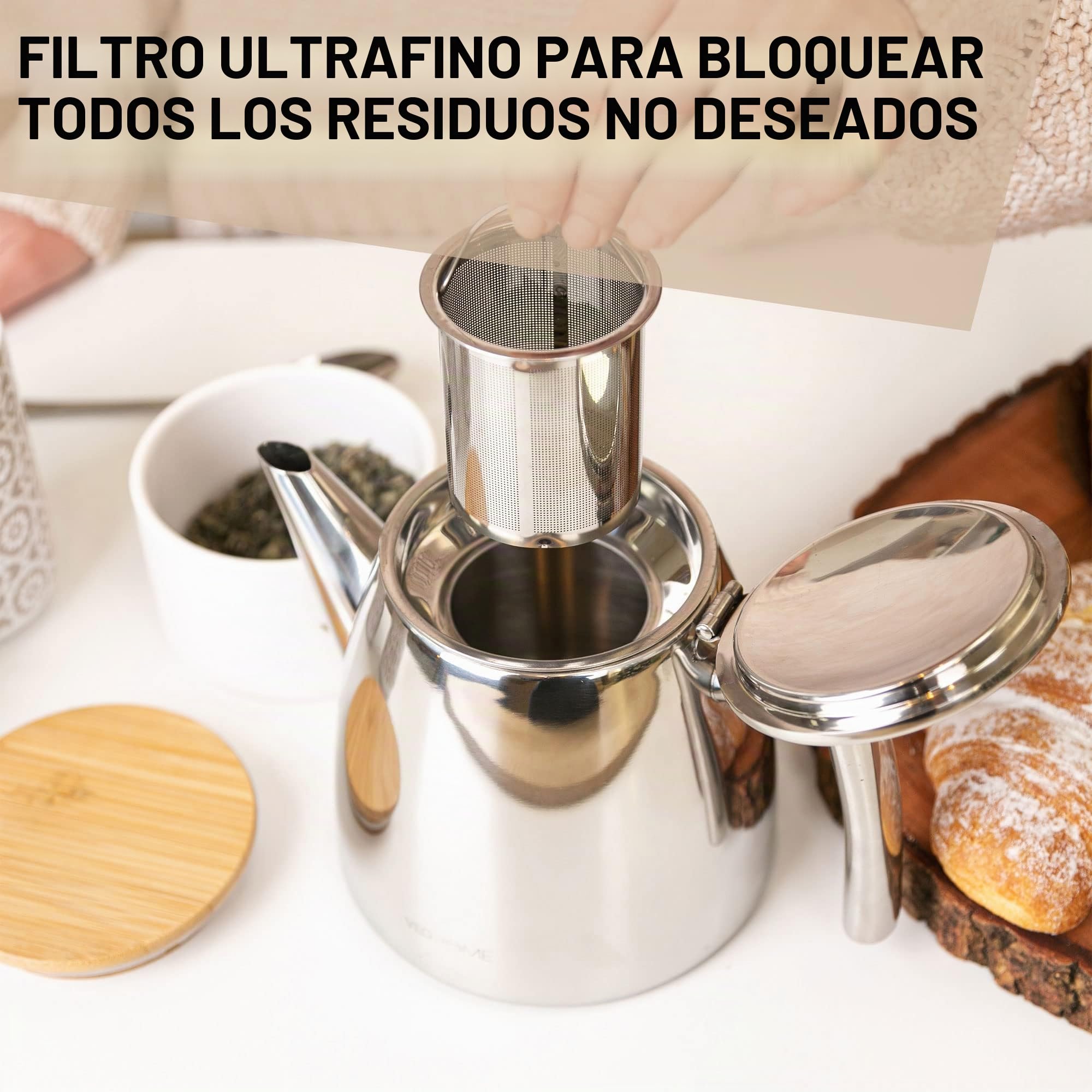 Tetera de Acero Inoxidable VeoHome 1L con Infusor - Doble Pared Aislante para Conservar el Calor