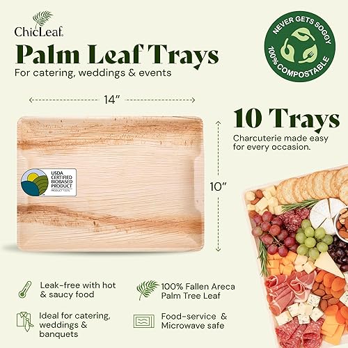 Miniatura 2 de Chic Leaf Bandeja rectangular de hoja de palmera  10 x 14 pulgadas, paquete de 10, natural  Bandeja compostable para embutidos y bandejas de fiesta