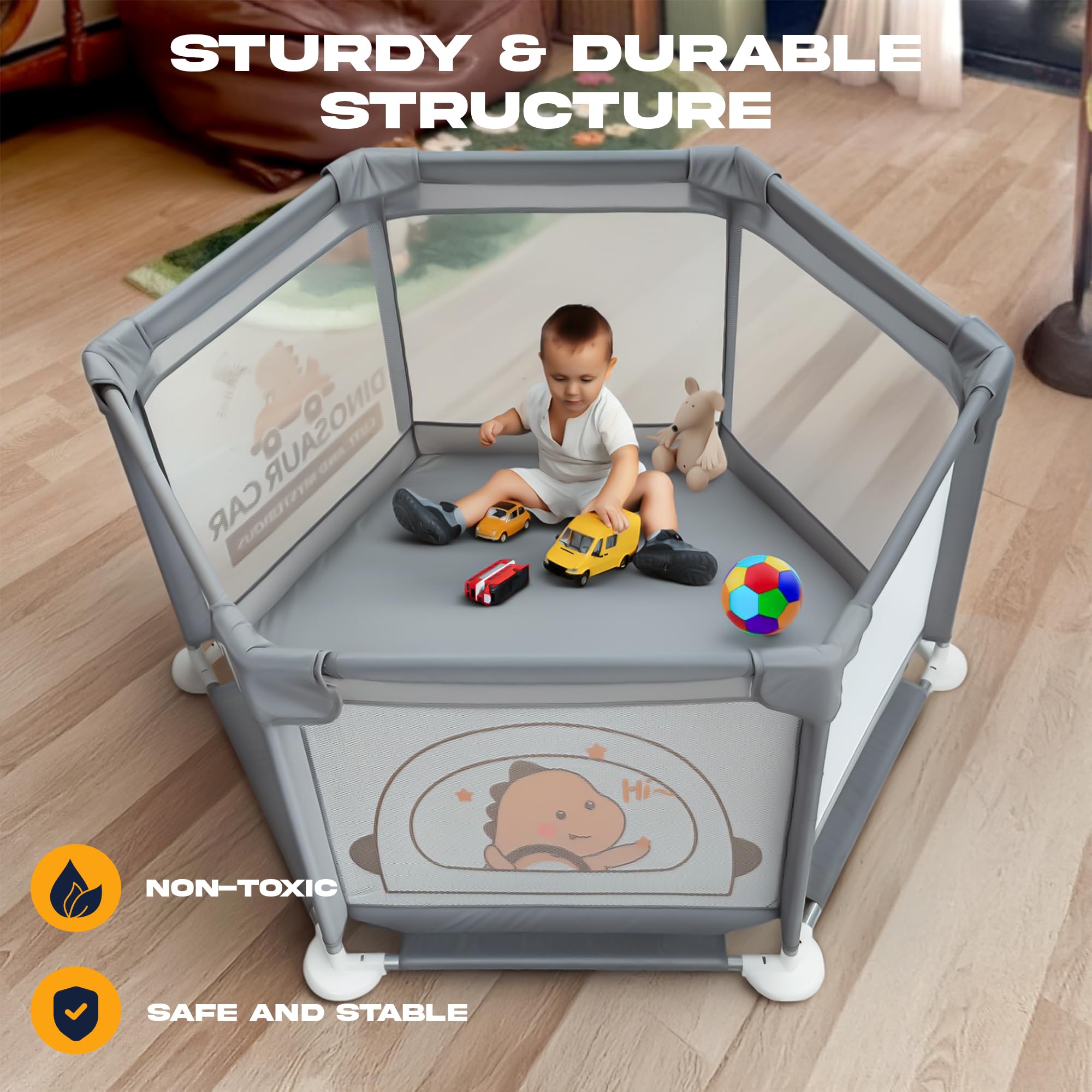 Baybee Neo Kids Playpen for Babies | Baby Activity Playards with Zipper Lock & Corner Protection | Baby Play Area Indoor Setup with Hexagon shape for Extra Space | Outdoor Play Pen for Baby up to 5 Years (Grey) 3