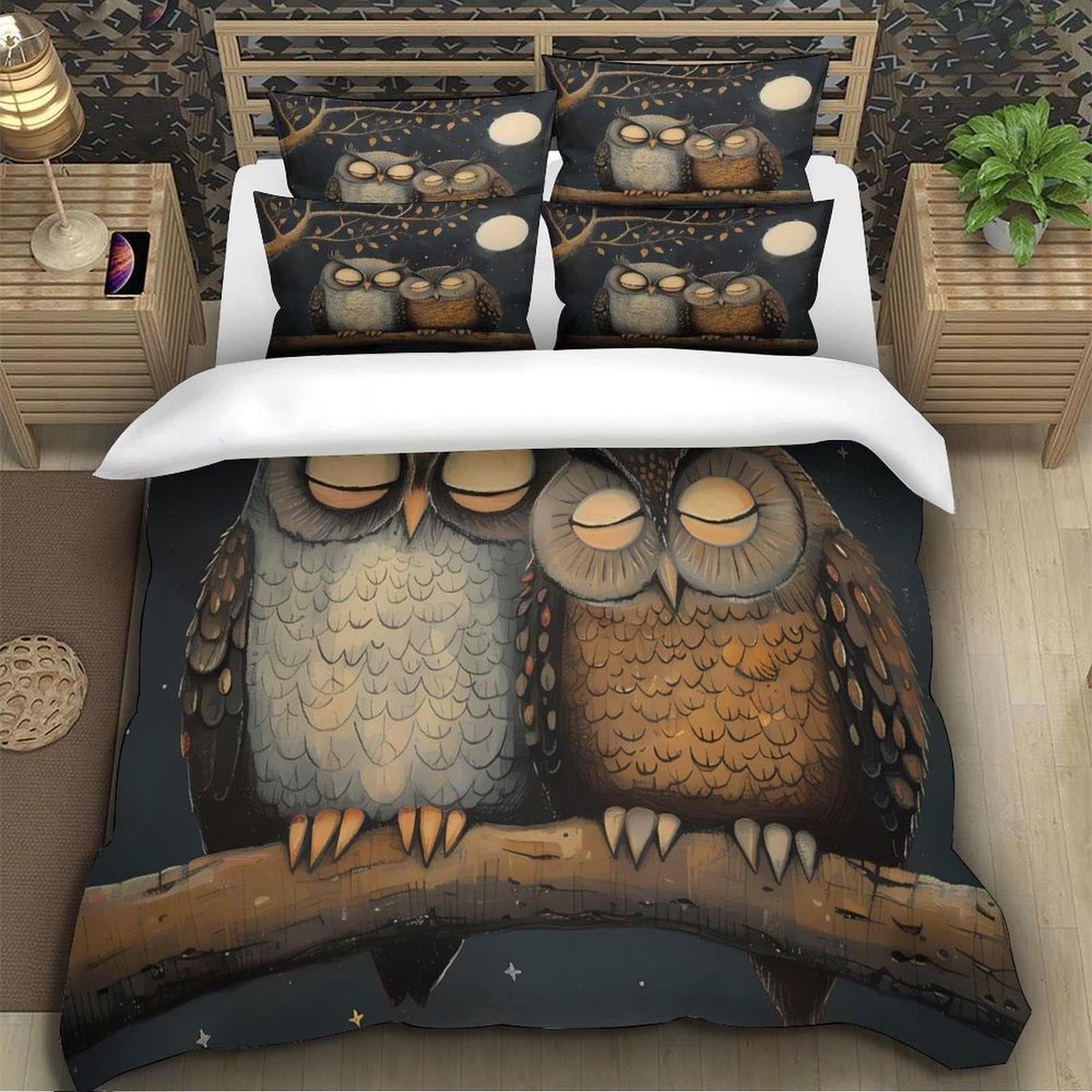 Nachtschwärmer-Pärchen 3D-Druck 3er-Set Bettbezug Illustrierte Nachtszene Steppbezug Mikrofaser Atmungsaktiv Staubmilbenfest für Jungen Mädchen Männer Super King（260x220cm）