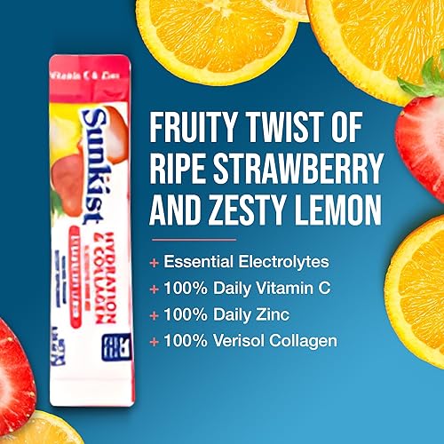 Miniatura 3 de Sunkist Hydration & Collagen Mezcla de electrolitos de limón y fresa en polvo (20 barras), con péptidos de colágeno, vitamina C y zinc, solo tienes