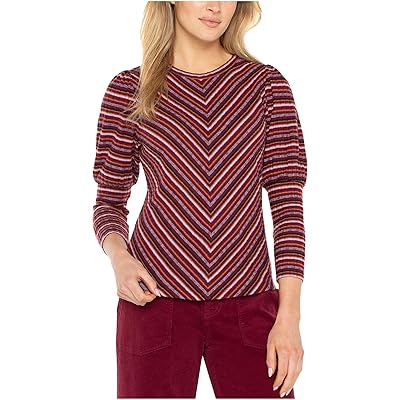 Liverpool Los Angeles 3/4 Juliette Sleeve Crew Neck Knit Top W/ Miter burgundy multi stripe