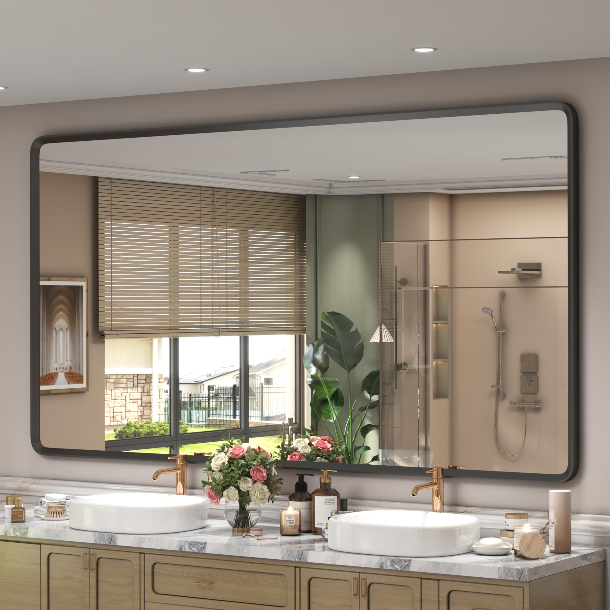 GOLOMO 66x36 Inch Black Matte Framed Mirror for Bathroom, Rounded Rectangle Mirror, Bathroom Vanity Mirror for Wall, Anti-Rust, Shatterproof (Horizontal/Vertical)