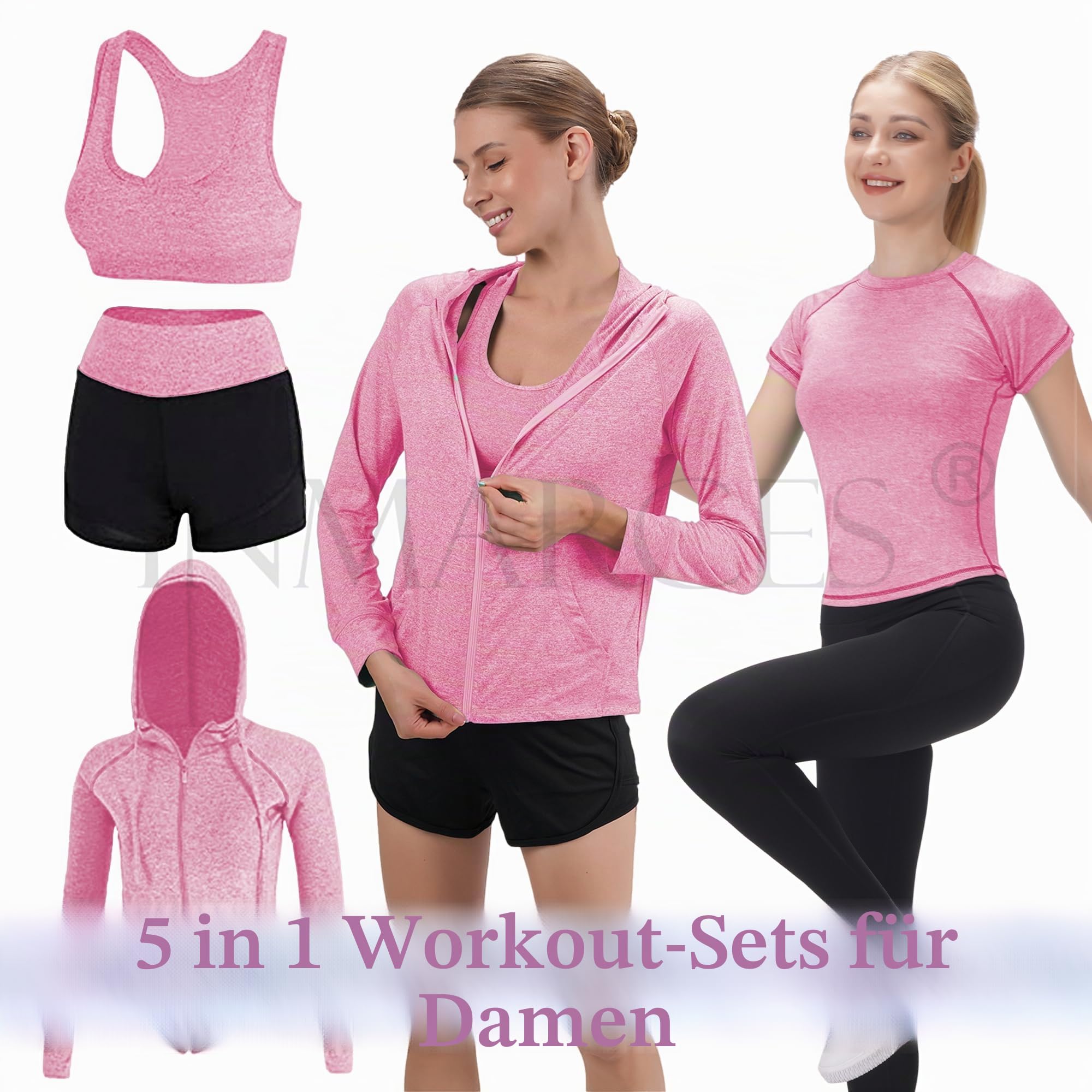 Inmarces 5 Stück Sport Set Damen Sportbekleidung Yoga Set Trainingsanzug Jogging Gym Pilates Sport Outfit Damen Set