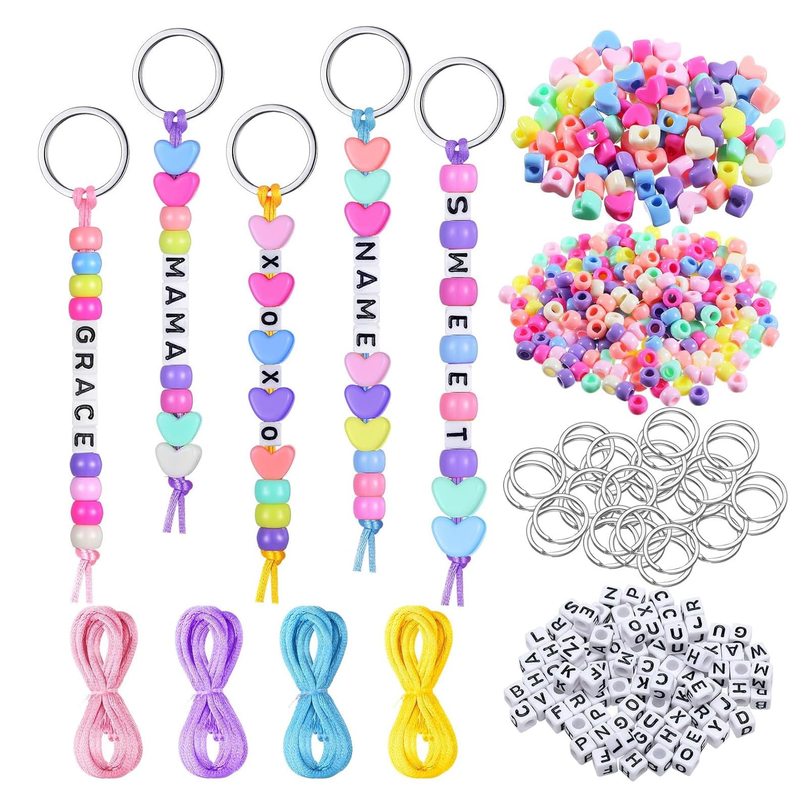 lrgnixs 566 Pcs Keyring Making Kit,DIY Keychain Make Your Own Keyrings,Includes Key Rings Letter Bead Heart Bead Cords Colorful Beads for Keyring Making Decor