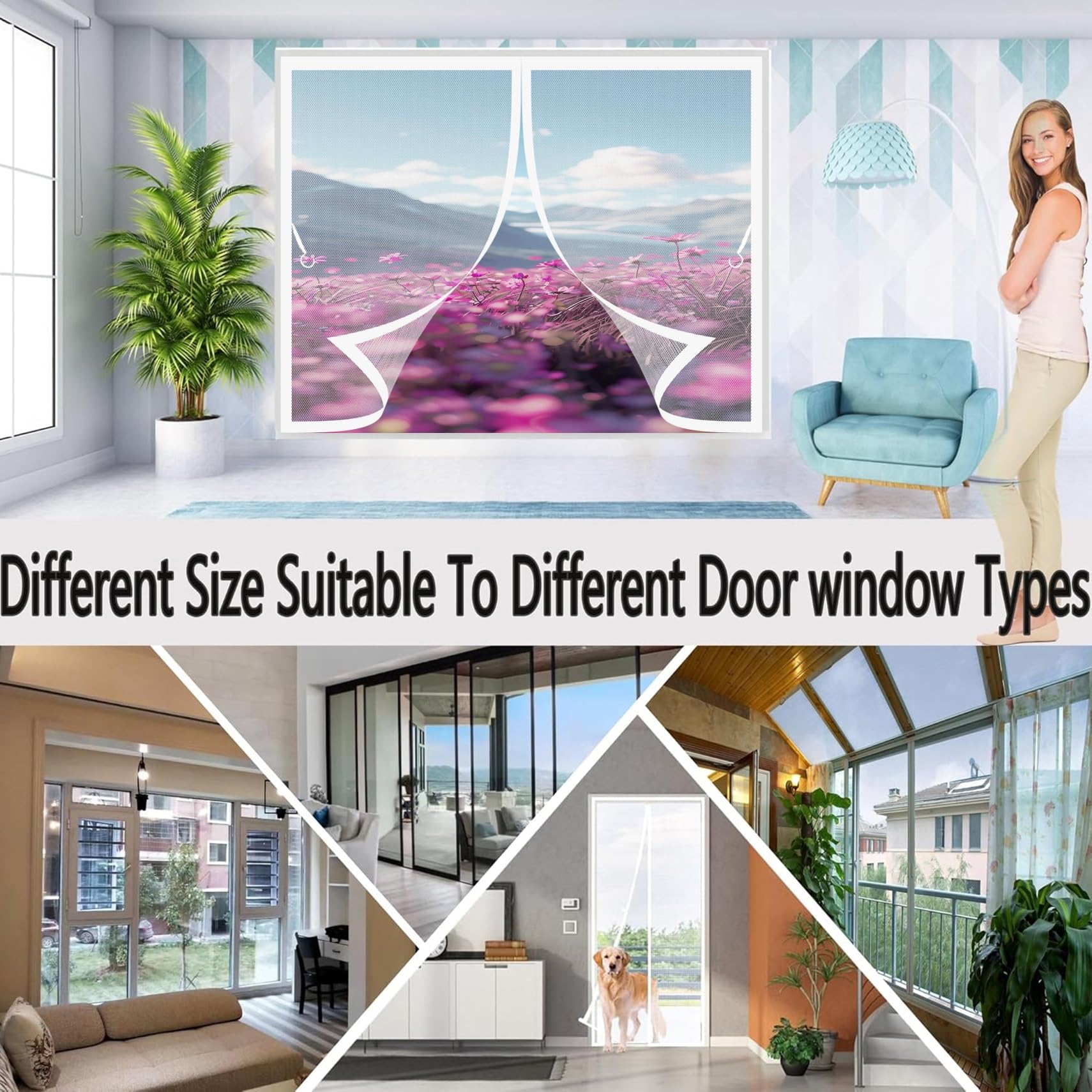 Fliegenvorhang Magnetisch 168 x 178 cm Automatisches Schließen, Klettband Oben, Nicht Kürzbar Vorhang Fliegengitter Fenster für Terrasse Schlafzimmer Usw, Weiß