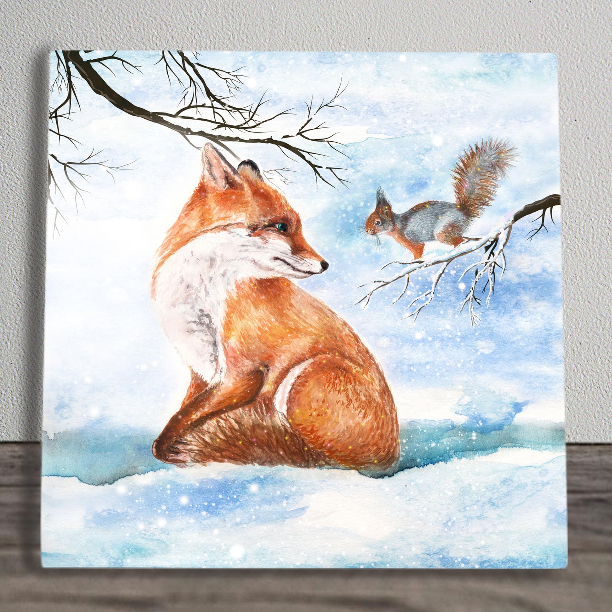 Global Designs Multi Fox & Squirrel Picture Ceramic Tile Plaque Sign Wall Or Freestanding Art Snow By S Jones 20X20cm