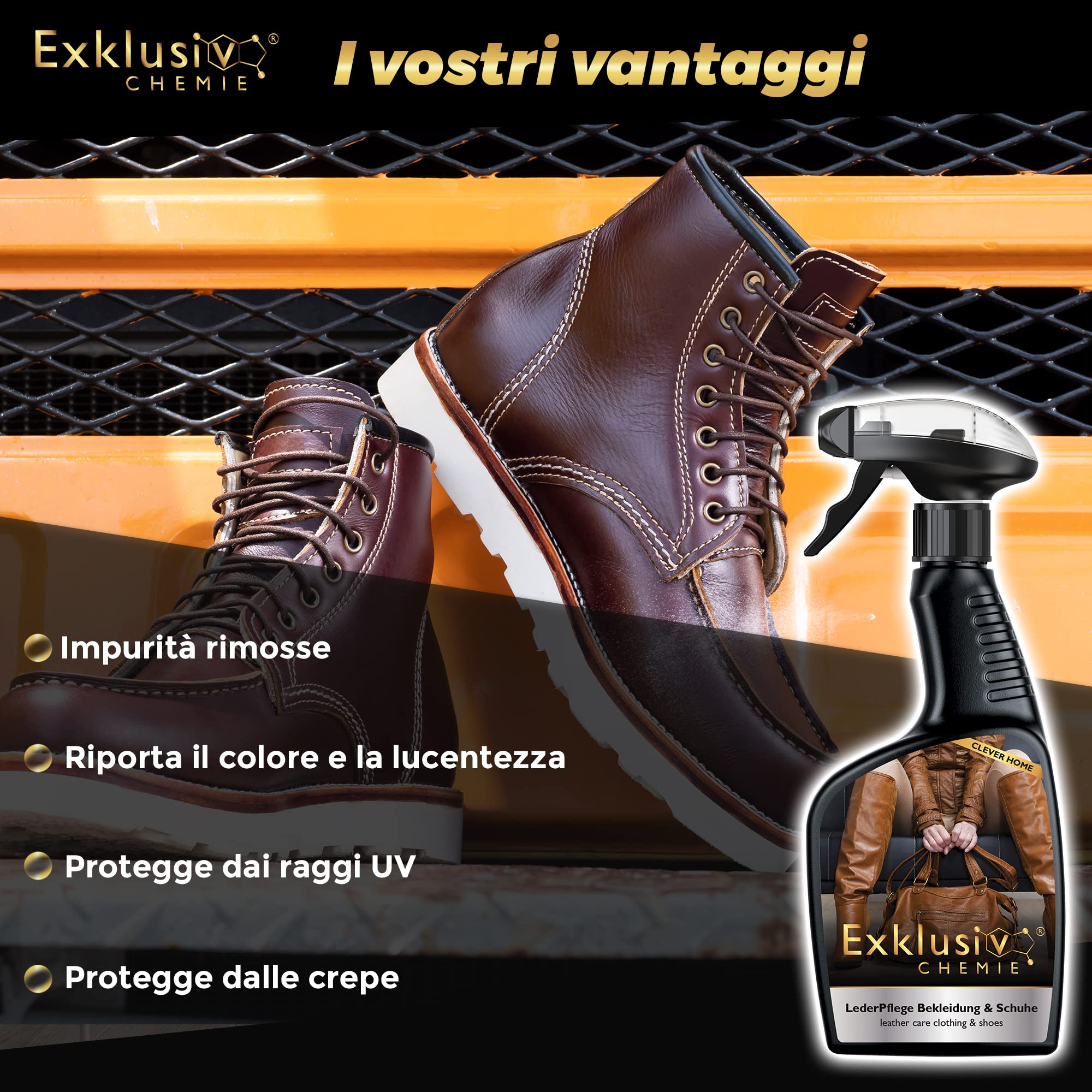 Exklusiv Chemie® Cura della pelle Cura della pelle Abbigliamento e scarpe | Cura della pelle per vestiti e scarpe di pelle | Spray per la cura della pelle | Pulitore per pelle | 500 ml | Per giacche in pelle, scarpe in pelle e borse in pelle