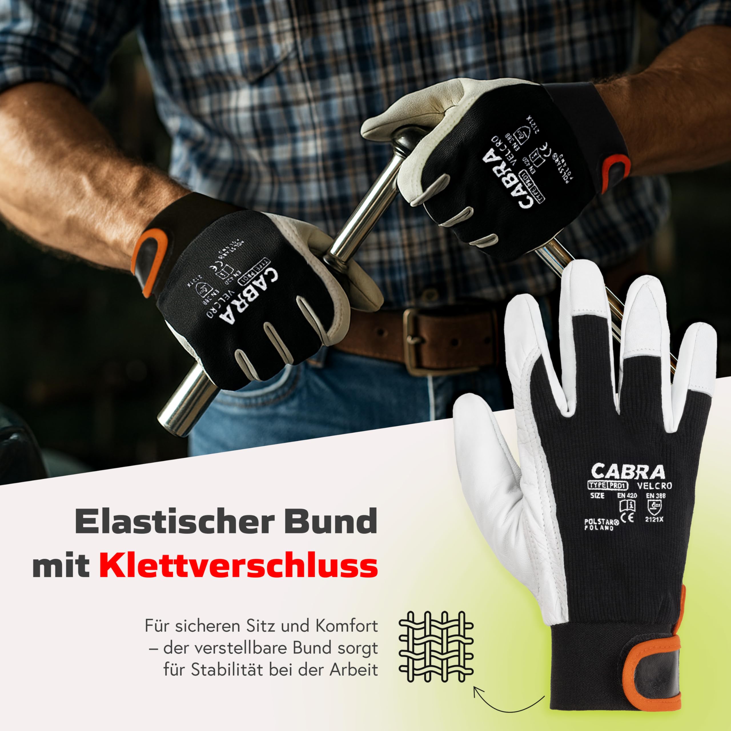 Covent Arbeitshandschuhe Herren Leder Gr 10 - Ziegenleder Handschuhe EN388 2121X – Schutzhandschuhe für Elektriker, Verpackungsmitarbeiter und Gärtner - Elastischer Klettrand
