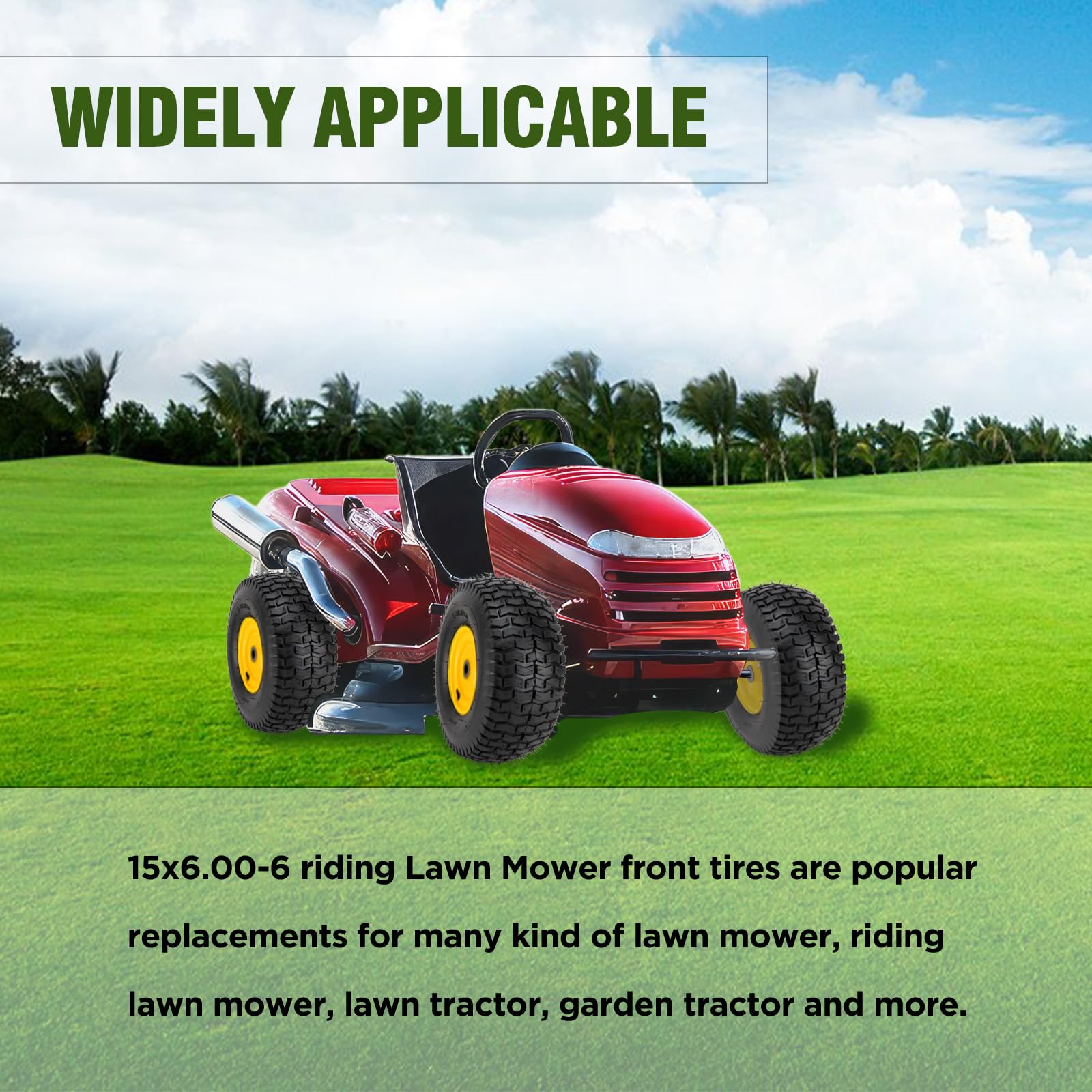 Neumáticos para cortacésped de 15 x 6.00-6 nhs, paquete de 2 neumáticos delanteros sin cámara de 4 capas de 15 x 6-6 con montaje de rueda para cortacésped John Deere, cubo de desplazamiento de 3