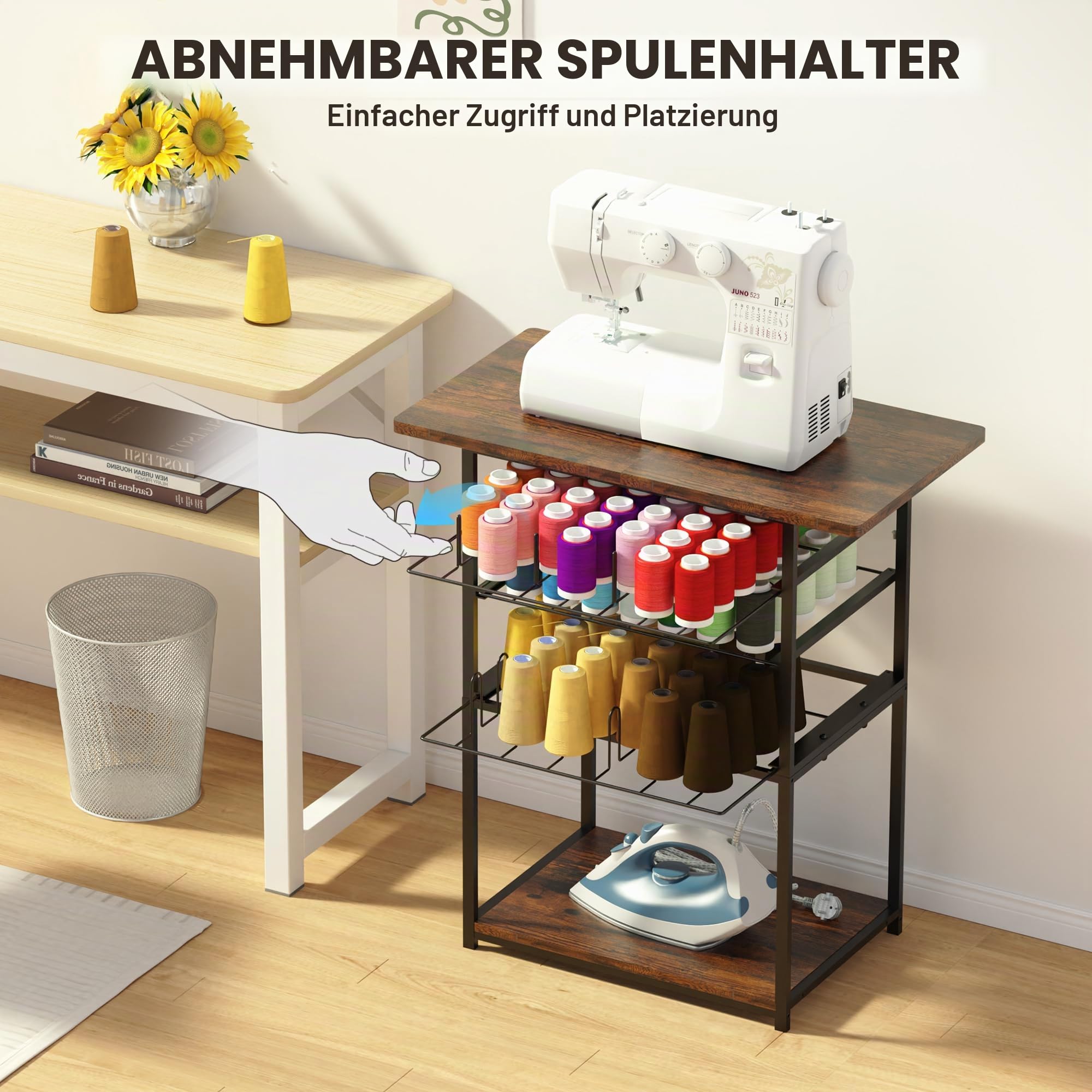 Alyoen Nähtisch für Nähmaschine, 5 Ebene Nähmaschinentisch aus Holz und Metall, Basteltisch mit 90 Spulen Gewindehalter für Handwerksraum und Zuhause