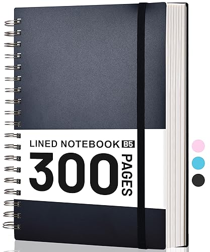 Yoment B5 College Ruled Spiral Notebook 7.3"x10.15" 300 Page Journal, Lined Spiral Notebooks Thick 100GSM Paper Hardcover Writing Notebook for School, Work, Students, Women & Men.Black
