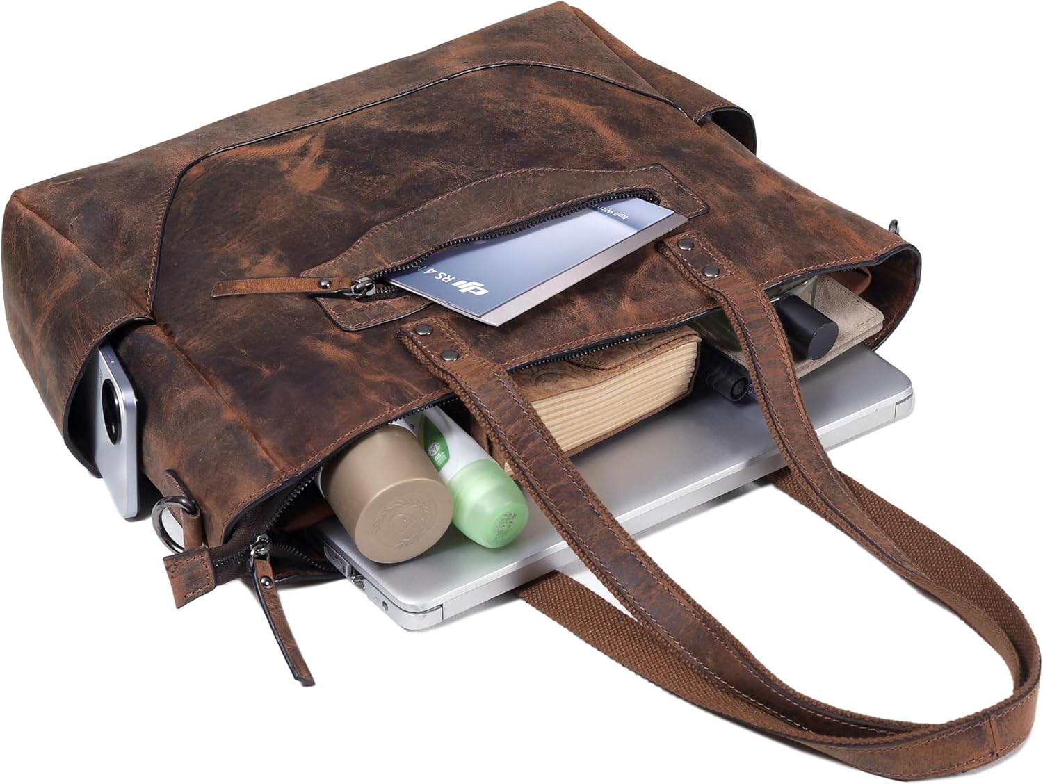 Genuine Leather Tote Bag for Women – Large Shoulder Handbag, Vintage Brown Purse, Stylish Work & Travel Tote Fits Laptop (Sharique vintage Brown) - Image 3