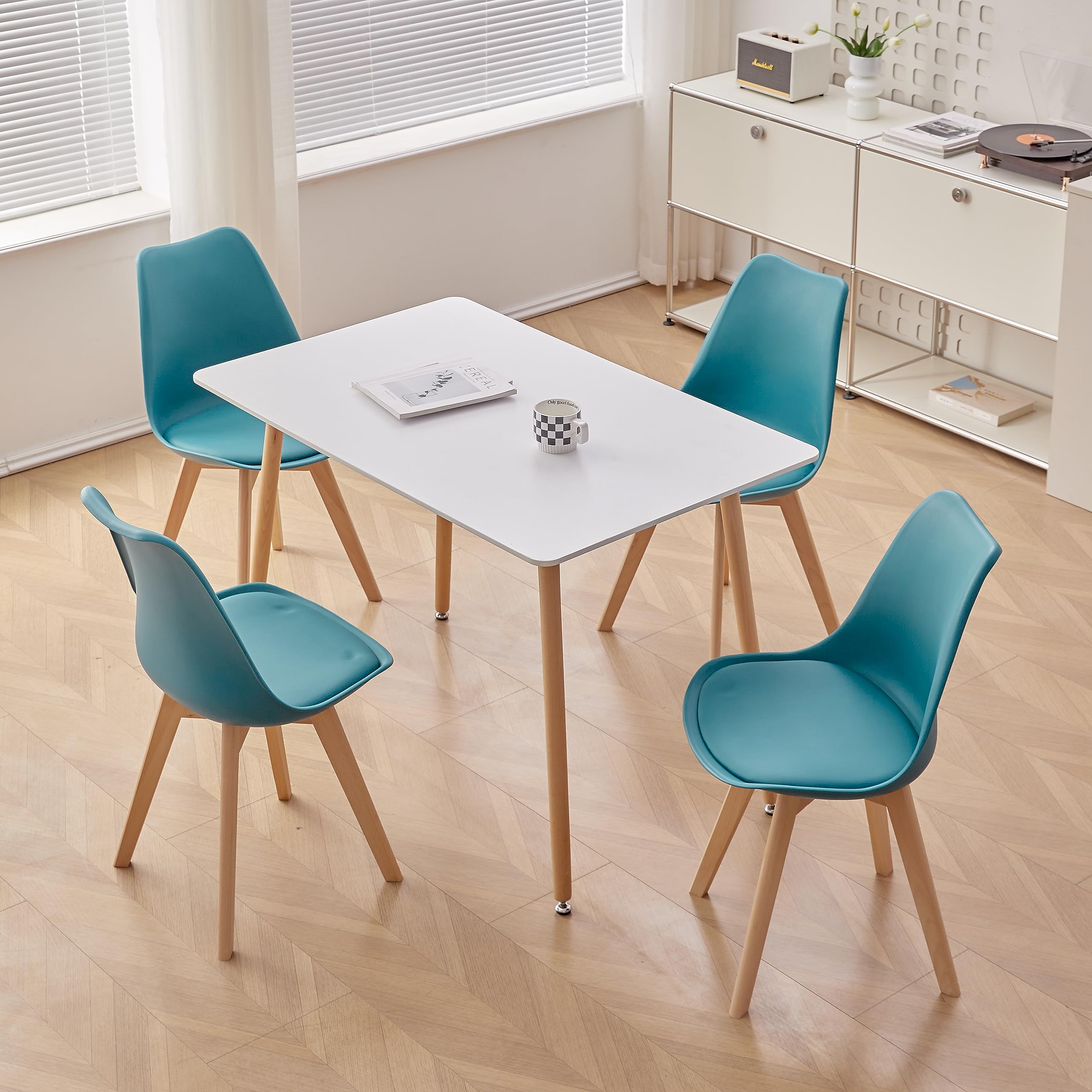 Tavolo da pranzo rettangolare moderno con piano bianco, robusta struttura in metallo e gambe in legno di faggio, per la sala da pranzo dell'ufficio, 110 x 70 x 74 cm