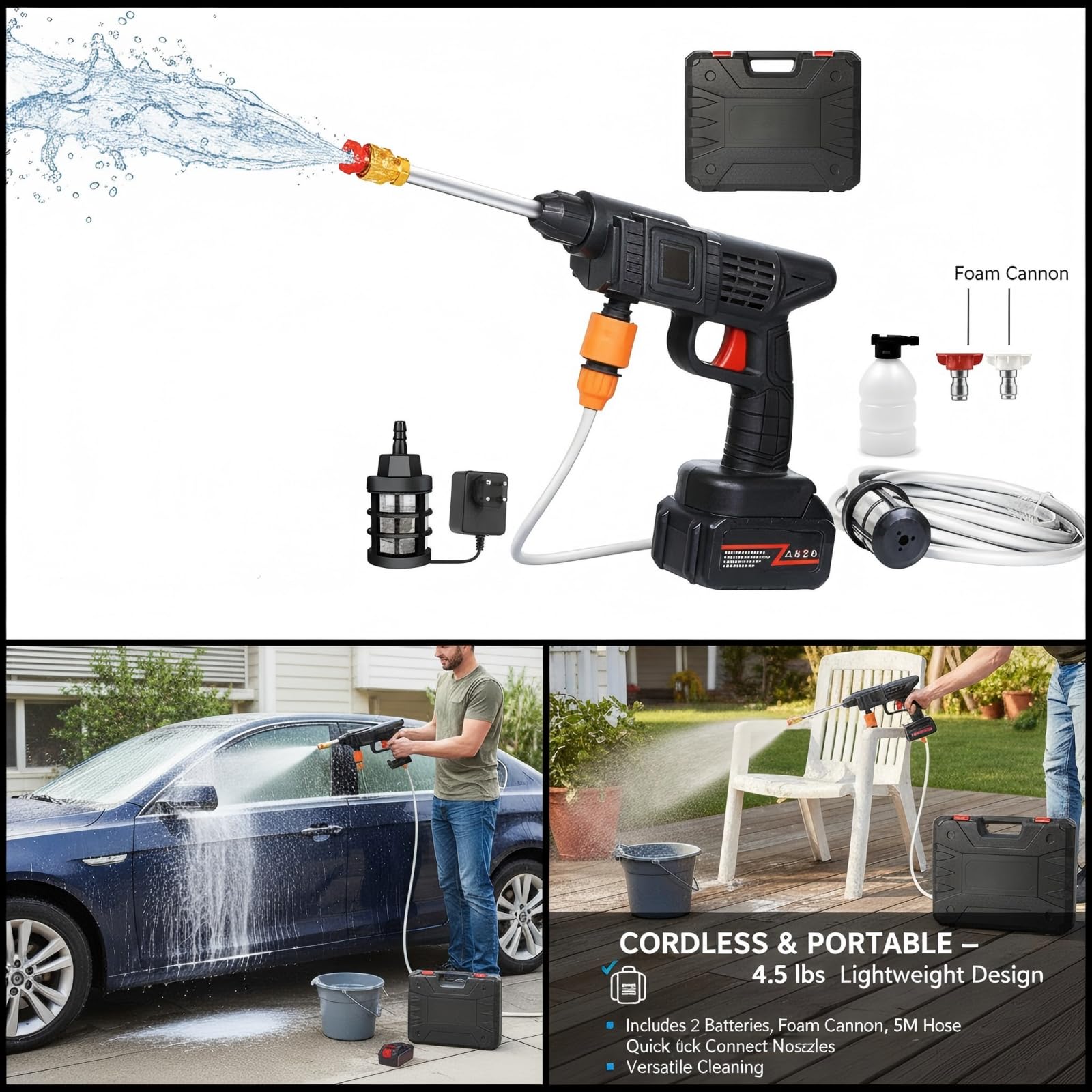 Idropulitrice a Batteria 21V 15000MAH con 2 Batterie,Idropulitrice Portatile Professionale con Cassetta Degli Attrezzi per Auto,Terrazza e Giardino di Pavimenti e Esterni (Nero)
