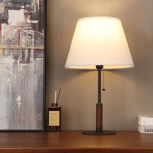 Miniatura 8 de 21" Modern Bedside Lamp Mid Century Table Lamp, Pull Chain Nightstand Lamp for Bedroom Living Room 3-Color Light, Solid WoodMetalFabric for