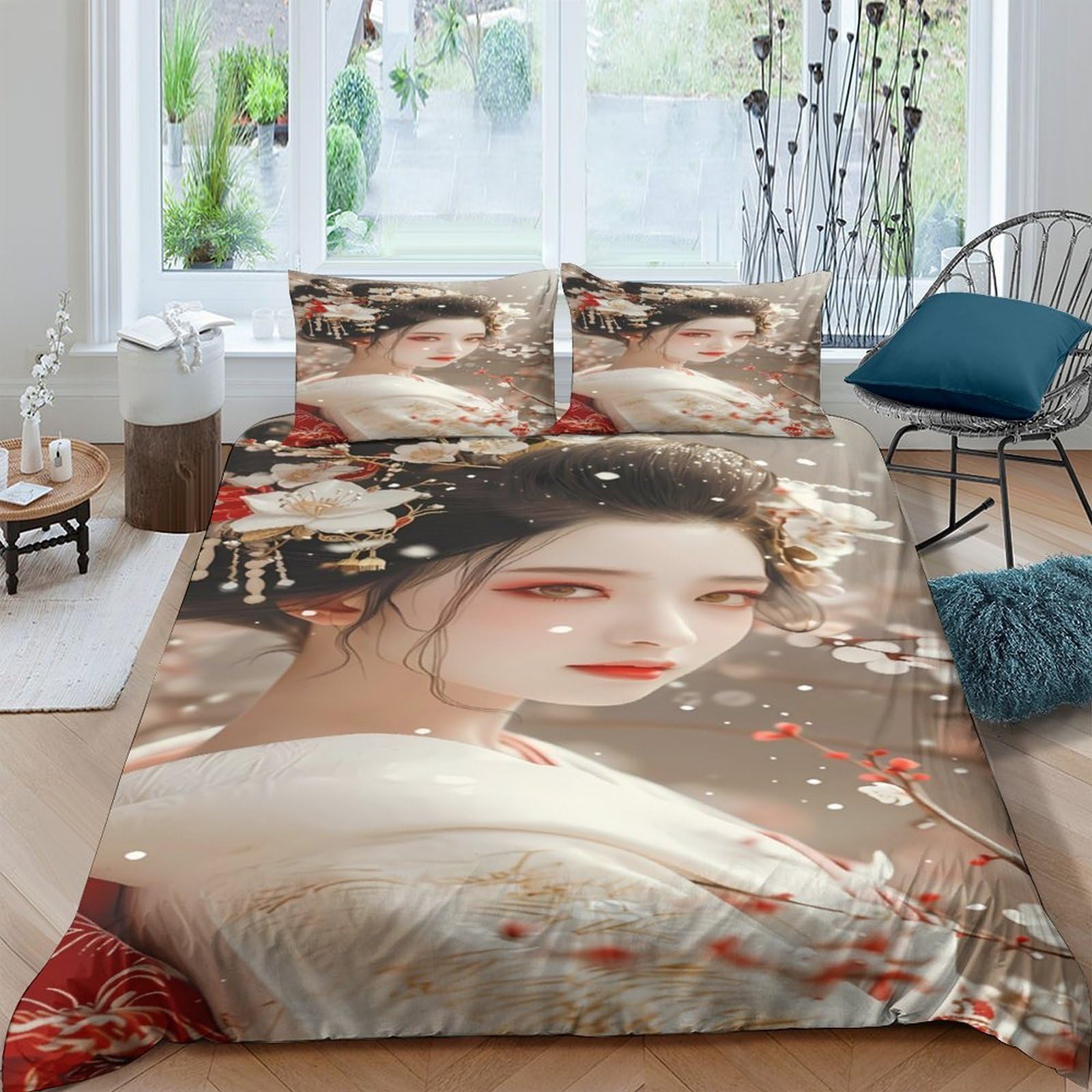Ctjqhvkz Style-2 3D Printed Oriental Beauty Fitted Sheet Microfiber Soft Breathable Floral Bed Cover For Bedroom Decor Dorm Mattress Protection Single（135X200cm）
