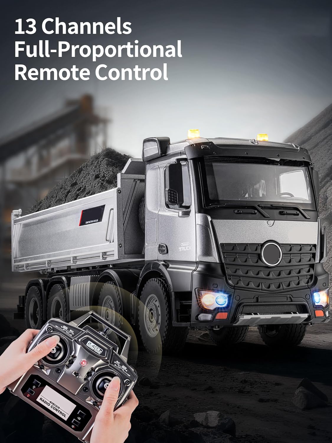 21-Inch Alloy Upgraded Version Remote Control Dump Truck 13-Channels 1/14 Scale 13 LBS Load Capacity RC Heavy Duty Metal Construction Vehicles Toy for 14Y+ (8-Wheels)