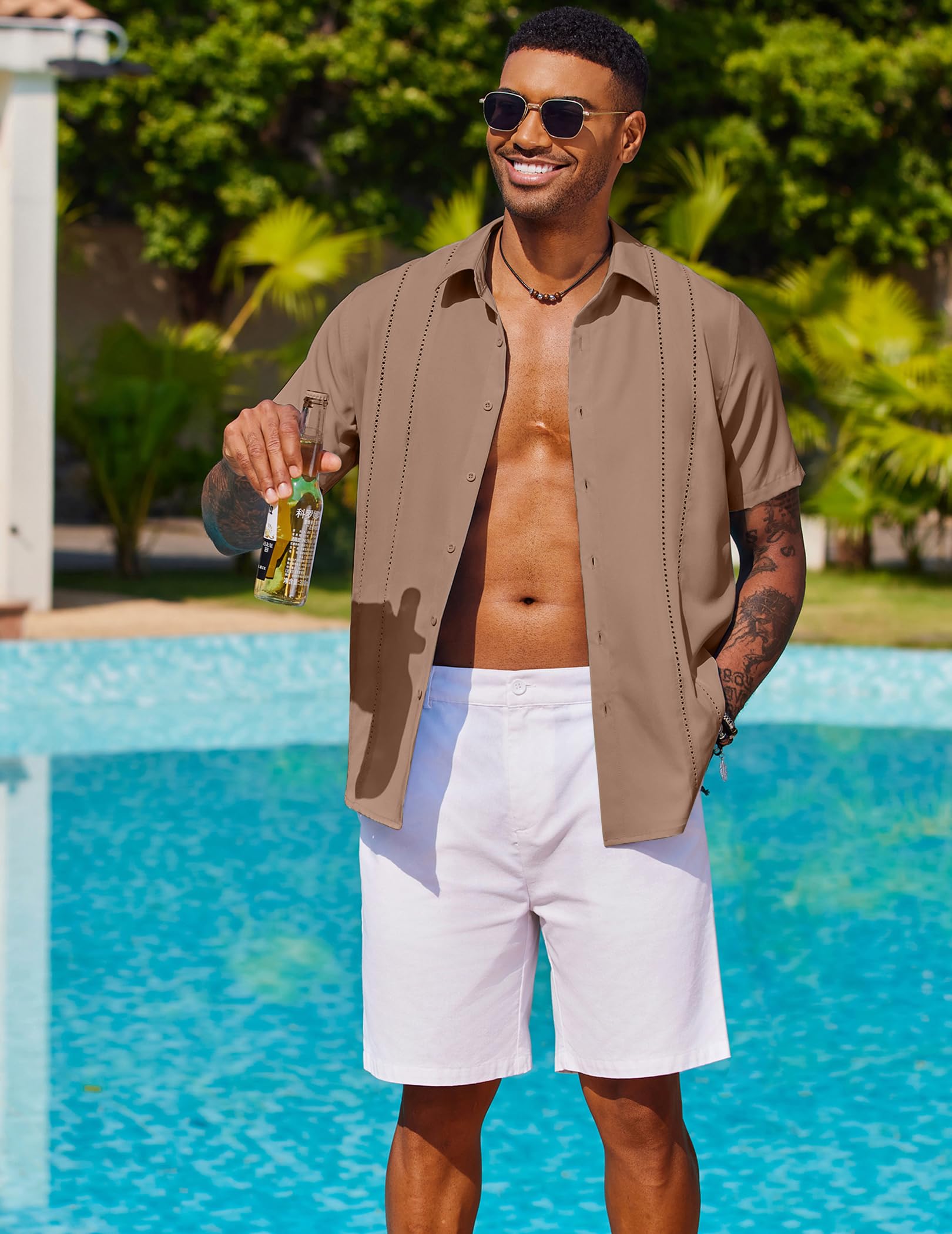 COOFANDY Camicia da uomo cubana Guayabera, a maniche corte, con bottoni, estiva, per spiaggia, vacanze