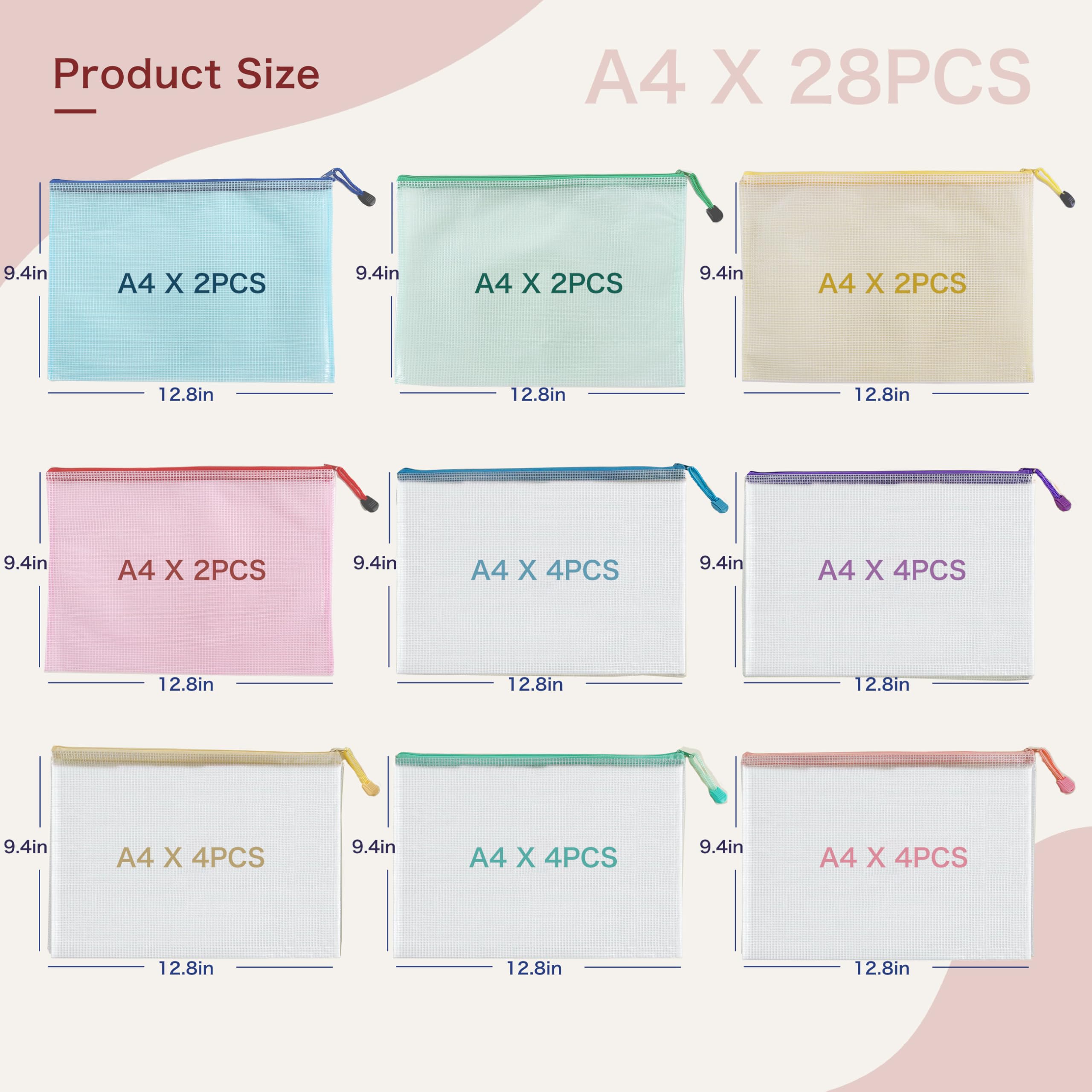 28pcs Mesh Zipper Pouch File Bags A4 Letter Size Zipper Bags for Organizing Storage Waterproof Document Zipper Pouches — view 2