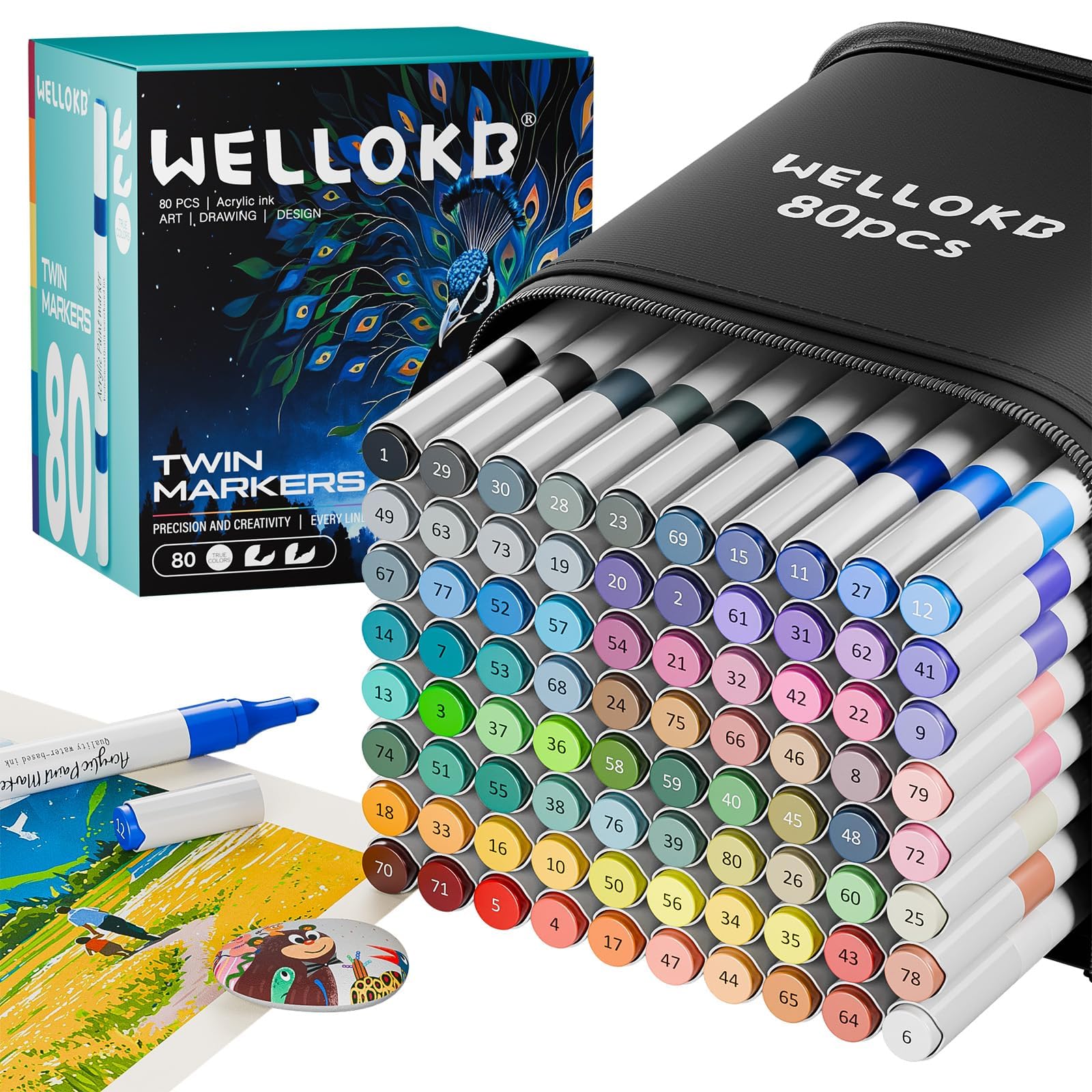 80 Colors Dual Tip Acrylic Paint Markers, Fabric Markers, Brush Tip Permanent Acrylic Paint Pens for Wood, Glass, Rocks, Paper, Coloring book,Ceramic,