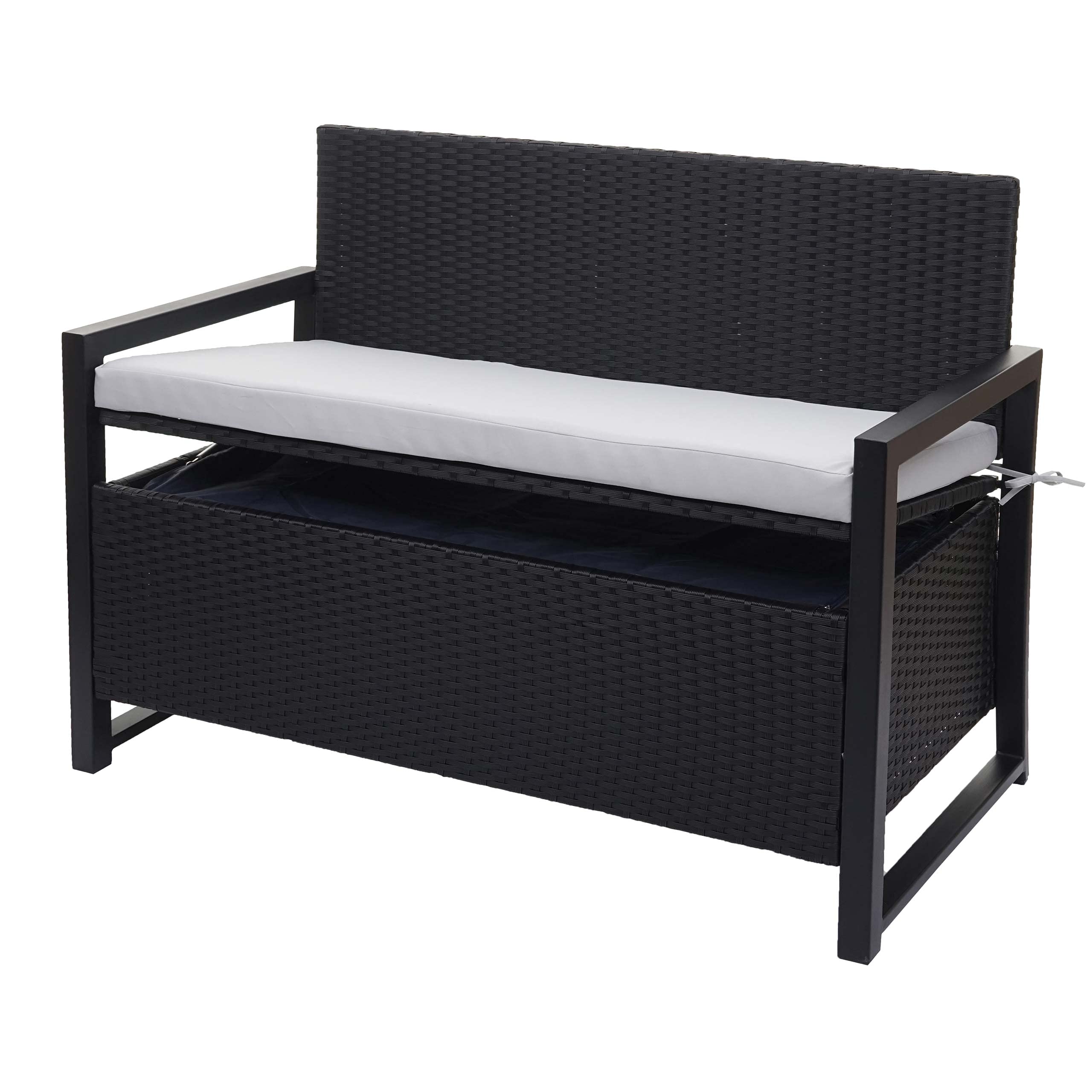 Mendler Banco de 2 plazas HWC-F39 de polirratán, banco de jardín, baúl, compartimento de almacenamiento, cojín de almacenamiento, color antracita, cojín gris